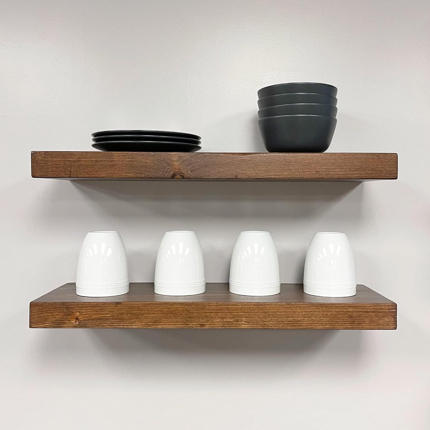 URBANDI, Rustic Floating Shelves, Set of 2, Hidden Bracket, Solid Wood, Heavy Duty, Wall Mounted Shelves, (Provincial, 12Wx6D)