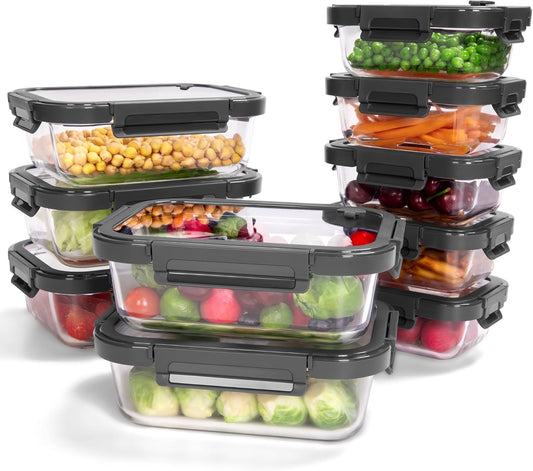 10-Pack Glass Food Storage Containers with Tempered Lids – Borosilicate, Airtight, Oven-Safe (-4°F~950°F), BPA-Free, 4.4 & 1.6 Cup, Leak-Proof, Dishwasher Safe (Gray)