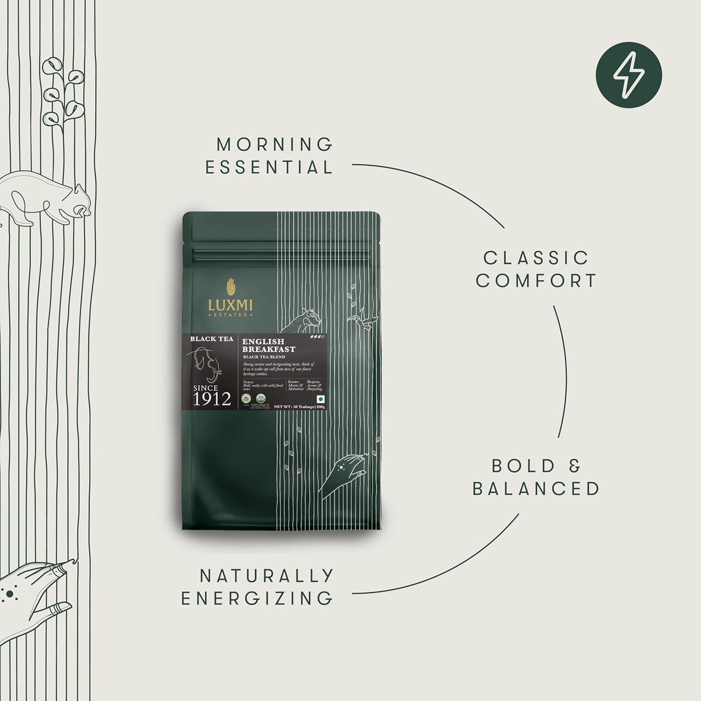 Luxmi Estates Tale of Two Estates Organic English Breakfast Tea (50 Tea Bags) Caffeinated Tea Bags For A Morning Boost and Natural Energy, With Certified Organic Darjeeling & Assam Black Tea