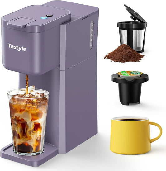 Mini Hot and Iced Coffee Maker Single Serve, for K Cup and Ground, 6 to 14 Oz Brew Sizes, with Recipe Book, for Home, Travel, RV, Office and Dorm, Violet