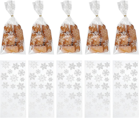 uxcell 100pcs Snowflake Treat Bags, Cookie Bags with Twist Ties for Candy Package Christmas Holiday Winter Party Favors, White