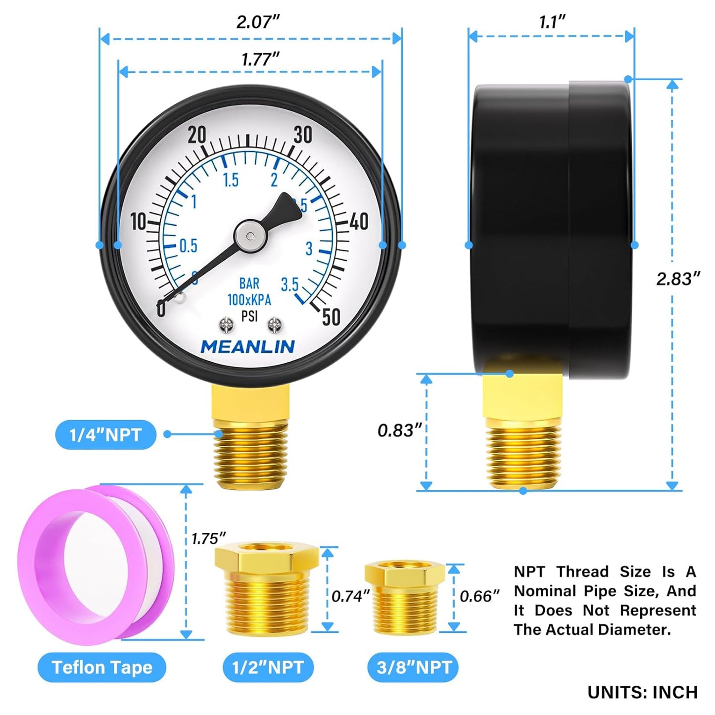 MEANLIN MEASURE 0-50Psi 2" DIAL FACE 1/4" NPT Well Pump Pressure Gauge, with 1/2" NPT and 3/8" NPT Hex Bushing, 3-2-3% Accuracy, Lower Mount