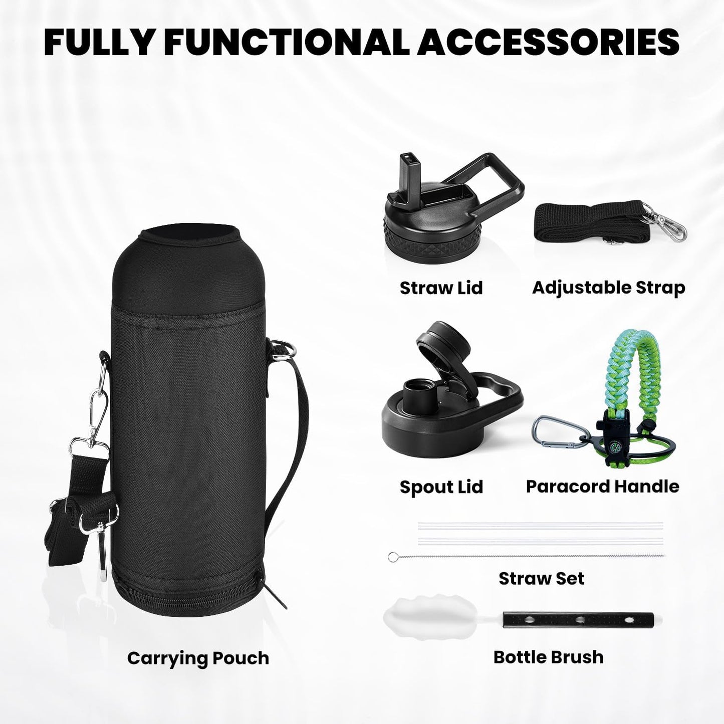 Insulated Water Bottle 40 oz, Triple Wall Vacuum Stainless Steel (Cold for 48 Hrs), Leak Proof & Non-BPA, Modern Water Flask Jug with Paracord Handle & Straw Spout Lids, Ombre Green