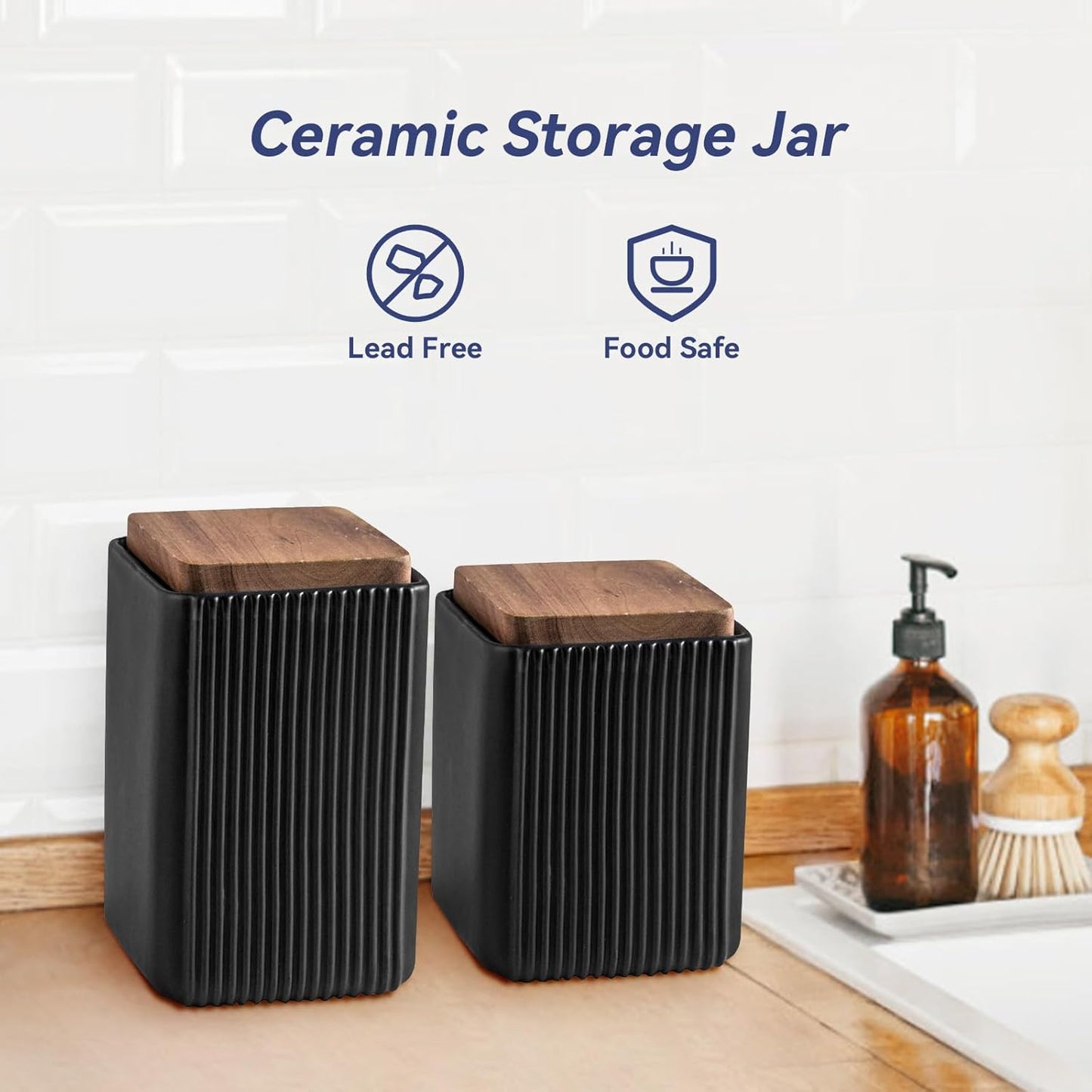 Ceramic Storage Jars Modern Elegant Polished Airtight Gorgeous Storage Canisters with Wooden Lid Small Food Stroage Jar for Kitchen Spice Tea Vanilla Sugar Coffee Beans (Black,Large size,17cm*10cm)