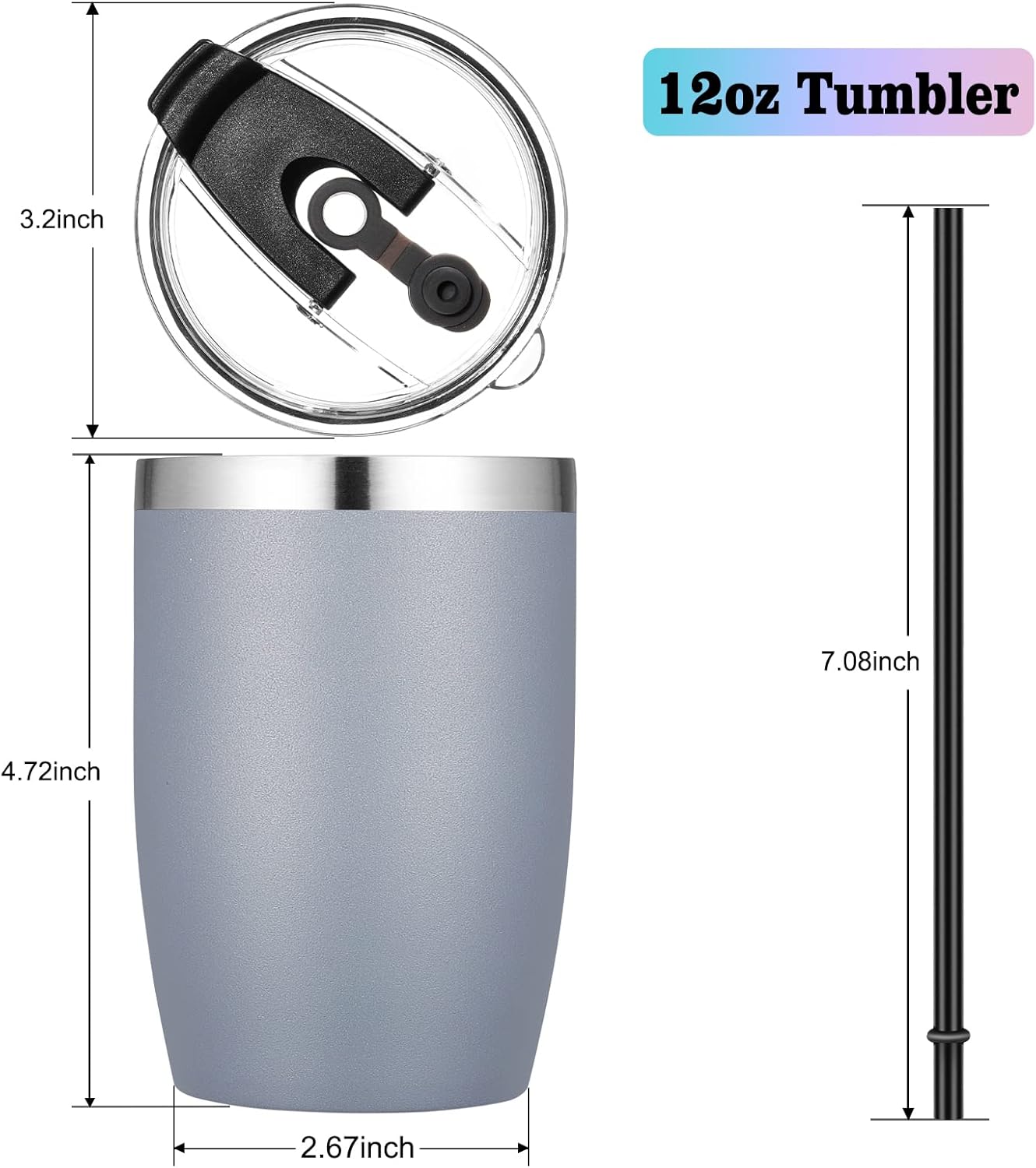 VEGOND Stainless Steel 12 oz Tumblers bulk Vacuum Insulated Double Wall Travel Tumbler with Lid and Straw Reusable Tumbler, Grey 6 pack