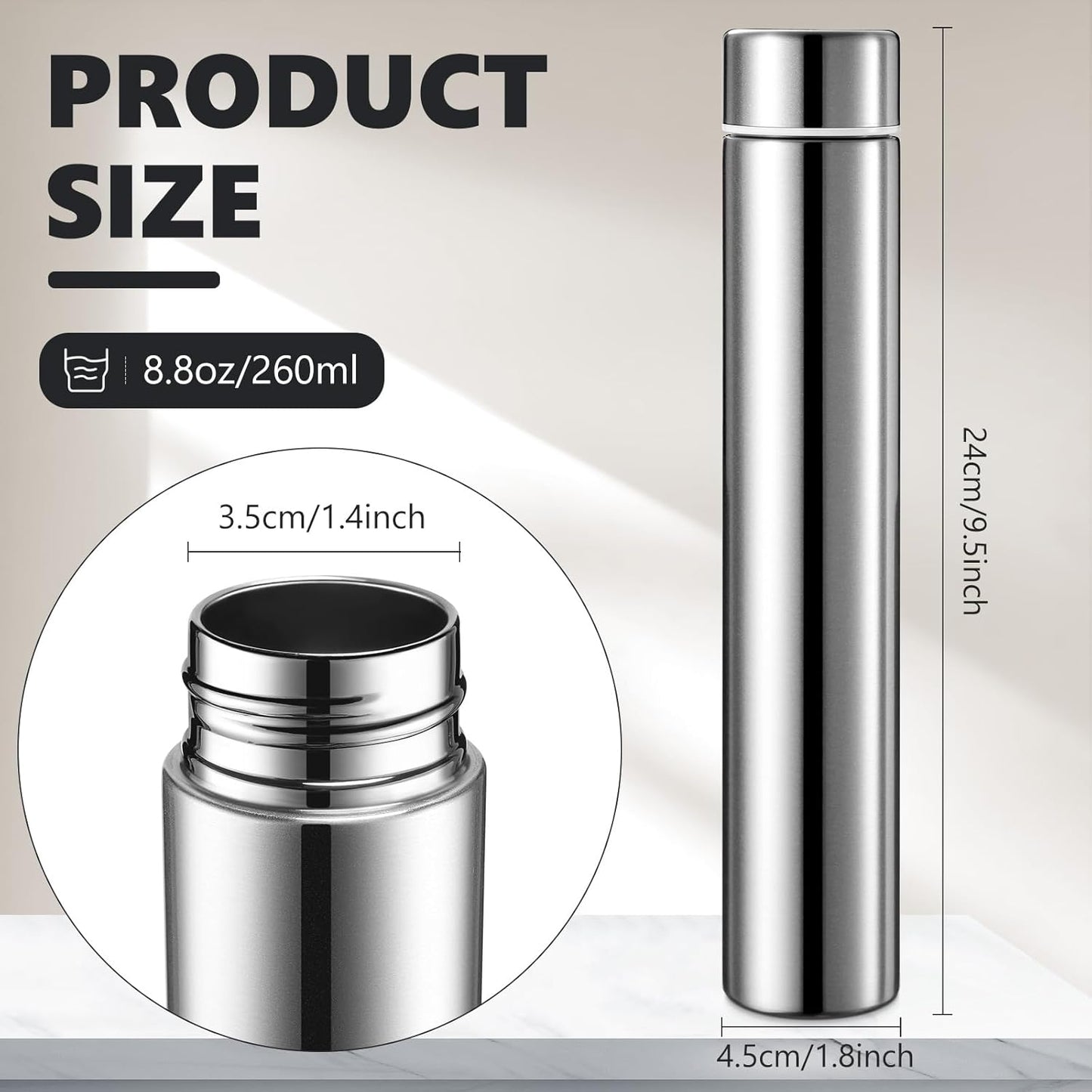 Vesici Slim Water Bottle 8.8 oz Small Stainless Steel Purse Compact Insulated Water Bottles Camping Travel Backpack Pocket Flask for Car Cold Coffee Tea(Silver,1 Pack)