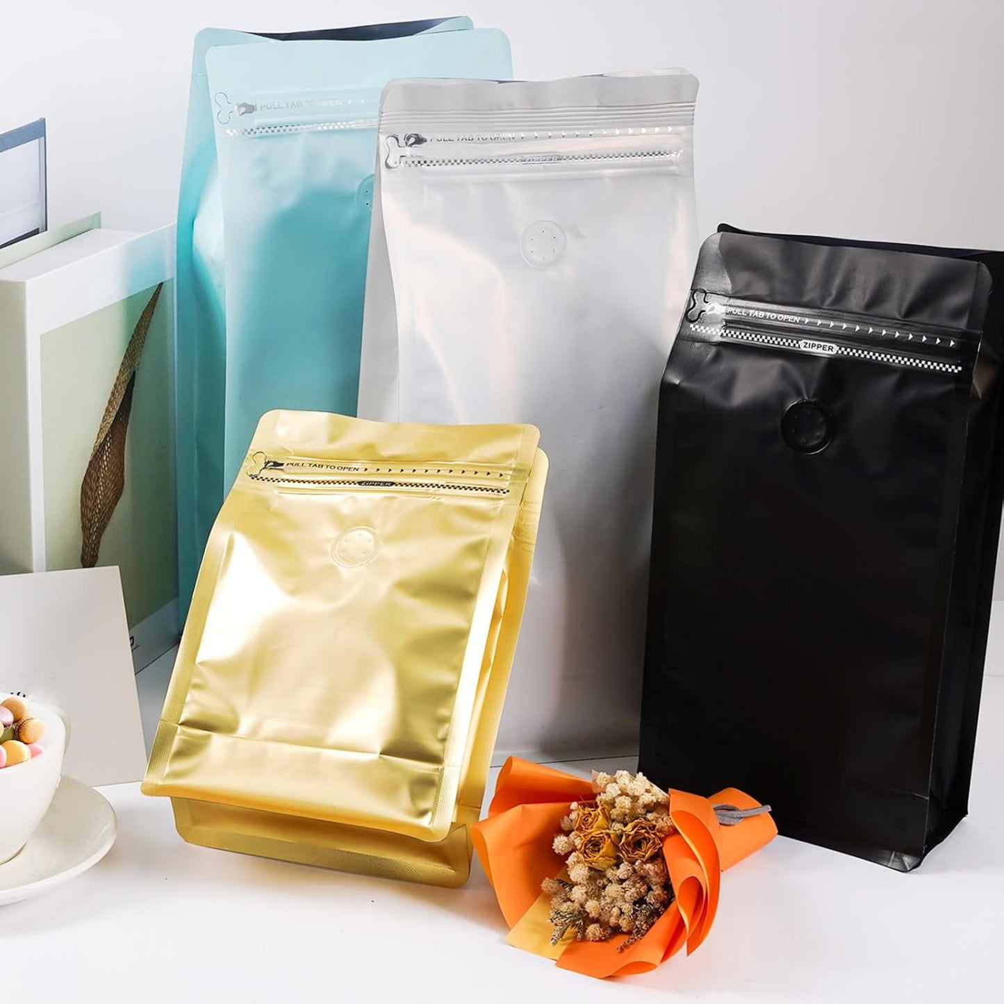 Coffee Bags with Valve (50 PCS,32oz/2lb) Black High Barrier Aluminum Foil Flat Bottom Standing Coffee Beans Storage Packaging Bags, Reusable Heat Seal Side Zipper Pouches for Small Business and Home