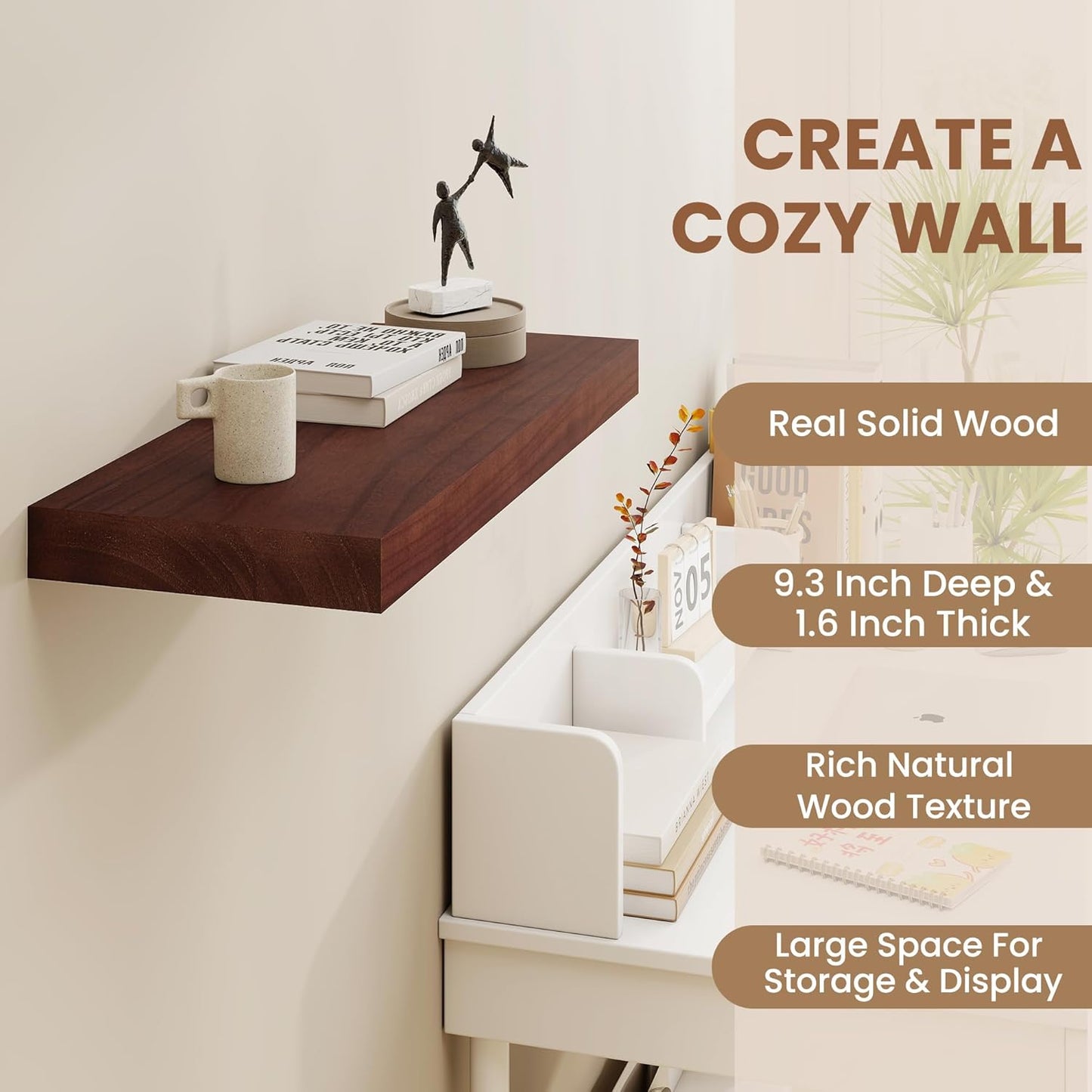 Floating Shelves, 9.3 Inch Deep Floating Shelves for Wall, Solid Wood Shelves 24 Inch Long, Deep Wall Shelves for Living Room, Bathroom, Kitchen, 24"W x 9.3"D x 1.6"H, Red Brown, Set of 2
