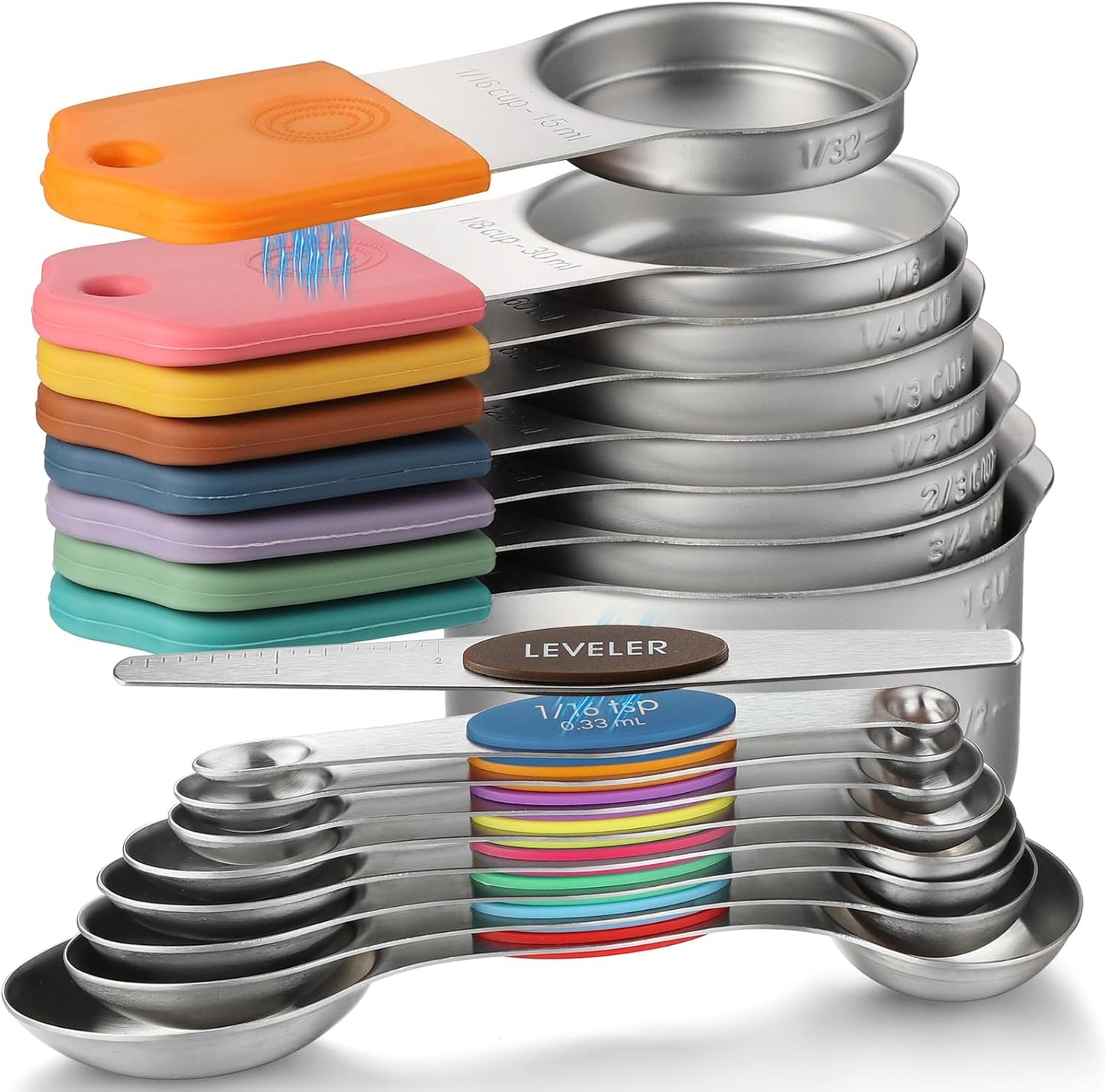 Magnetic Measuring Cups and Spoons Set Including 8 Stainless Steel Stackable Magnetic Measuring Cup 8 Magnetic Measuring Spoon with Leveler for Dry Liquid Ingredient