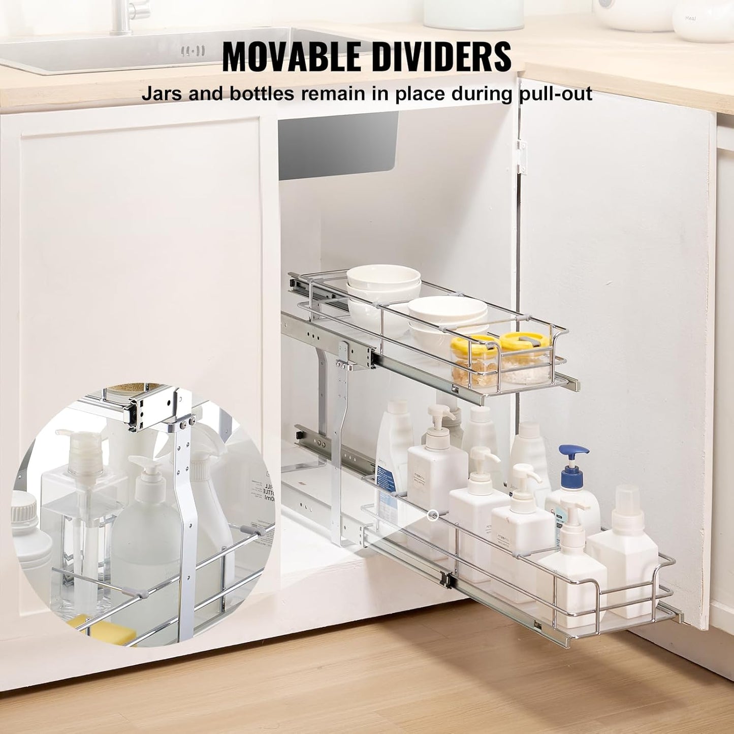 VEVOR Pull Out Cabinet Organizer, 8.5"W x 21"D Heavy Duty Slide Out Pantry Shelves, Chrome-Plated Steel Roll Out Drawers, Sliding Drawer Storage for Home, Inside Kitchen Cabinet, Bathroom, Under Sink
