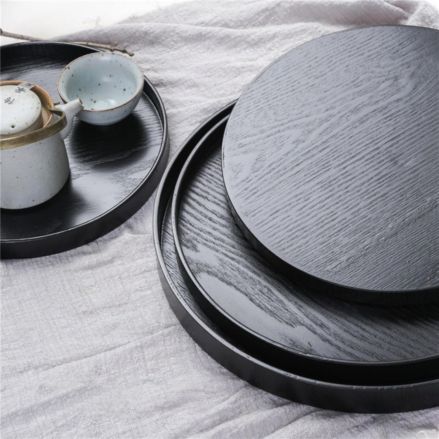 Round Solid Wood Serving Tray Extra Large Tea Coffee Snack Food Meals Serving Plate Non-Slip Kitchen Party Bar Server Ottoman Tray Breakfast Tray with Raised Edges (13inch/33cm) Black
