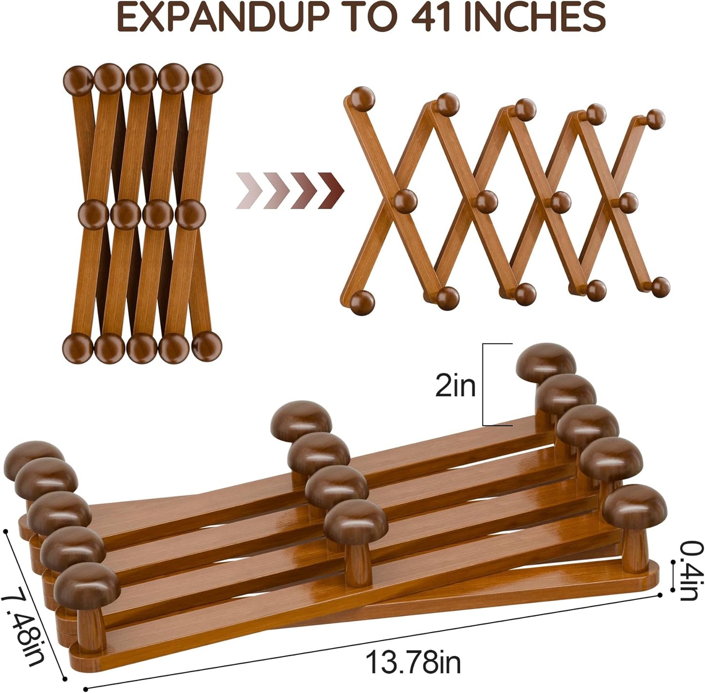 Accordion Wall Hanger 14 Hooks, Expandable Coat Rack Wall Mount for Coats, Hats, Bags, Baseball Caps, Solid Wooden