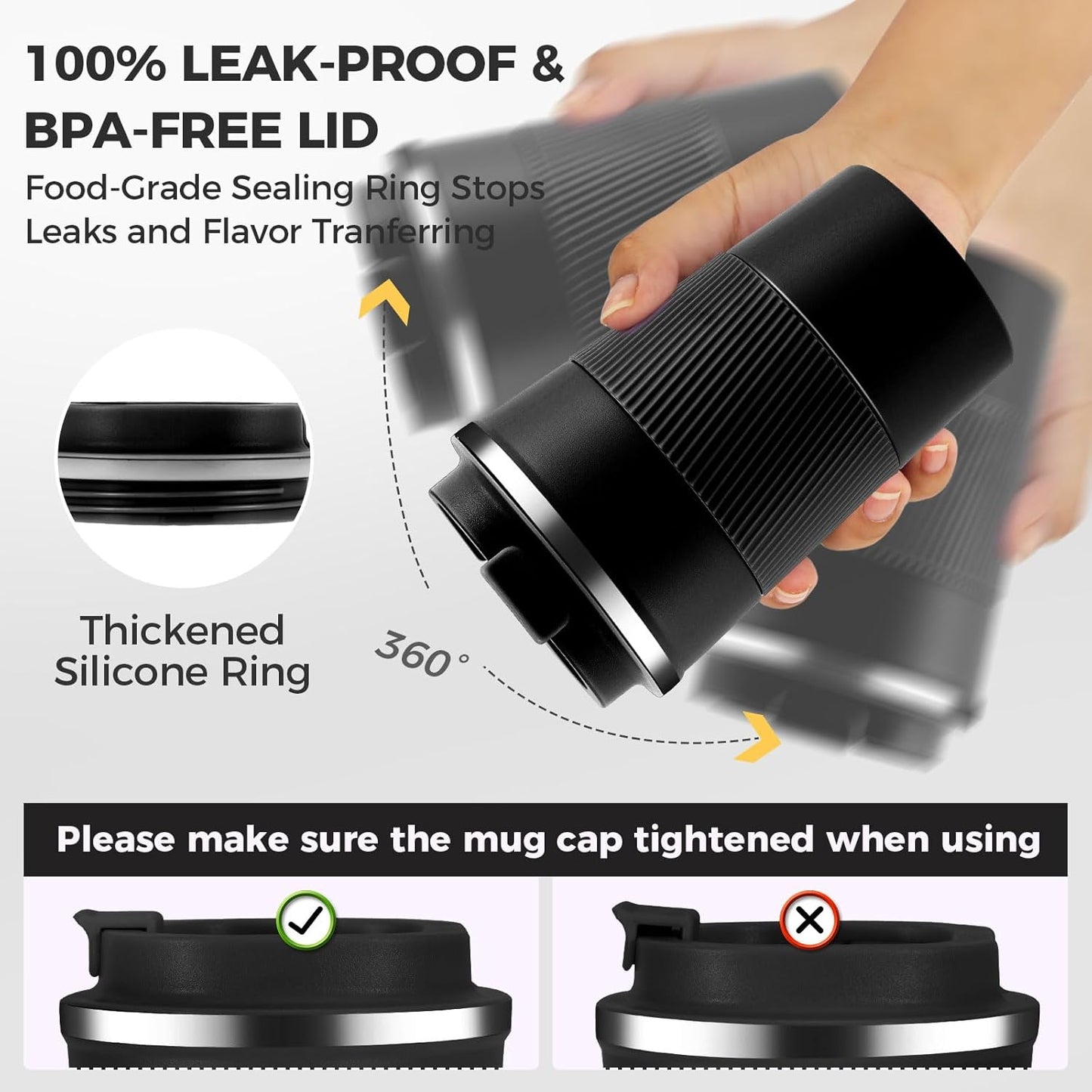 Volhoply 13 oz Stainless Steel Insulated Travel Coffee Mug with Fip Lid Bulk 2 Pack,Reusable Double Wall Vacuum Metal Coffee Cup,Portable Leak Proof Thermal Tumbler for Hot & Cold Drinks(Black,2)