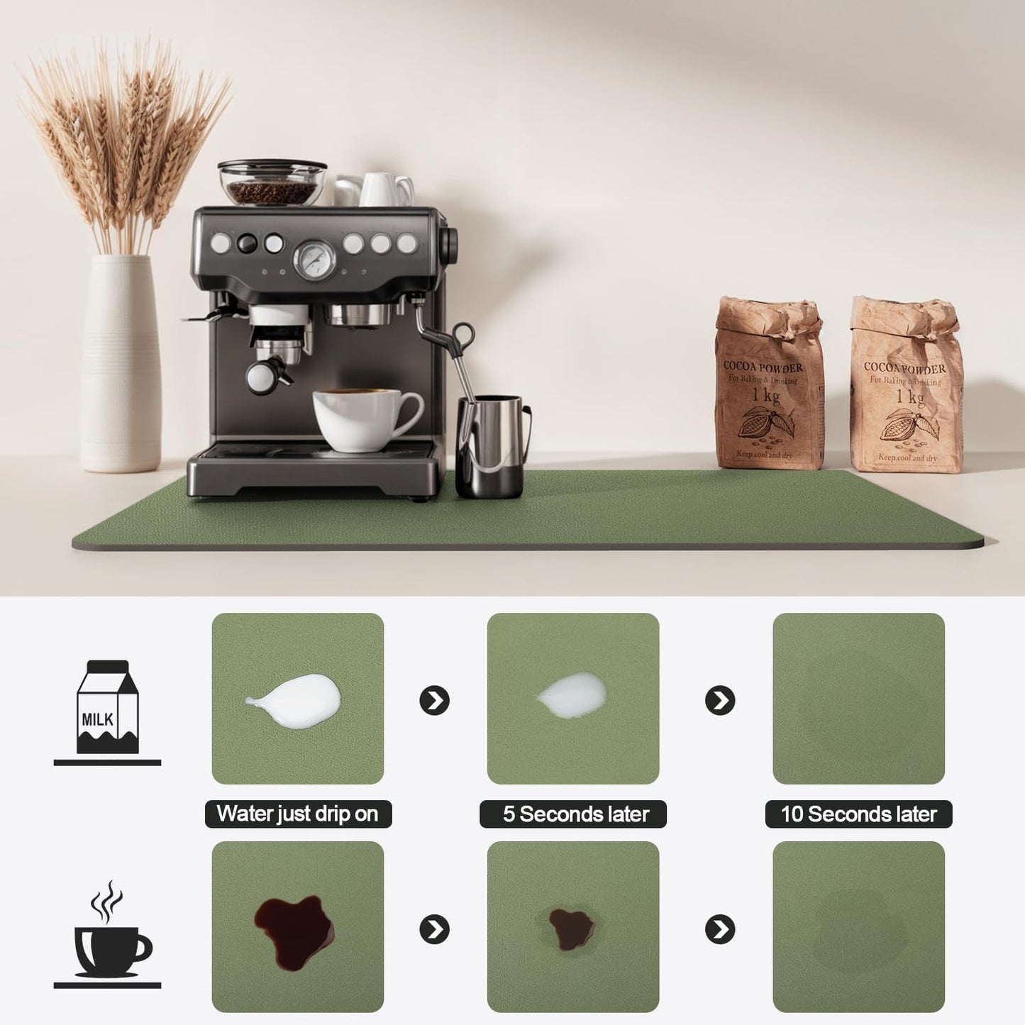 Dish Drying Mat for Kitchen Counter | Coffee Bar Mat for Countertops | Heat Resistant Drainer Mat with Non-slip Rubber Backed | Hide Stain Kitchen Absorbent Draining Mat | Green 18"x32"