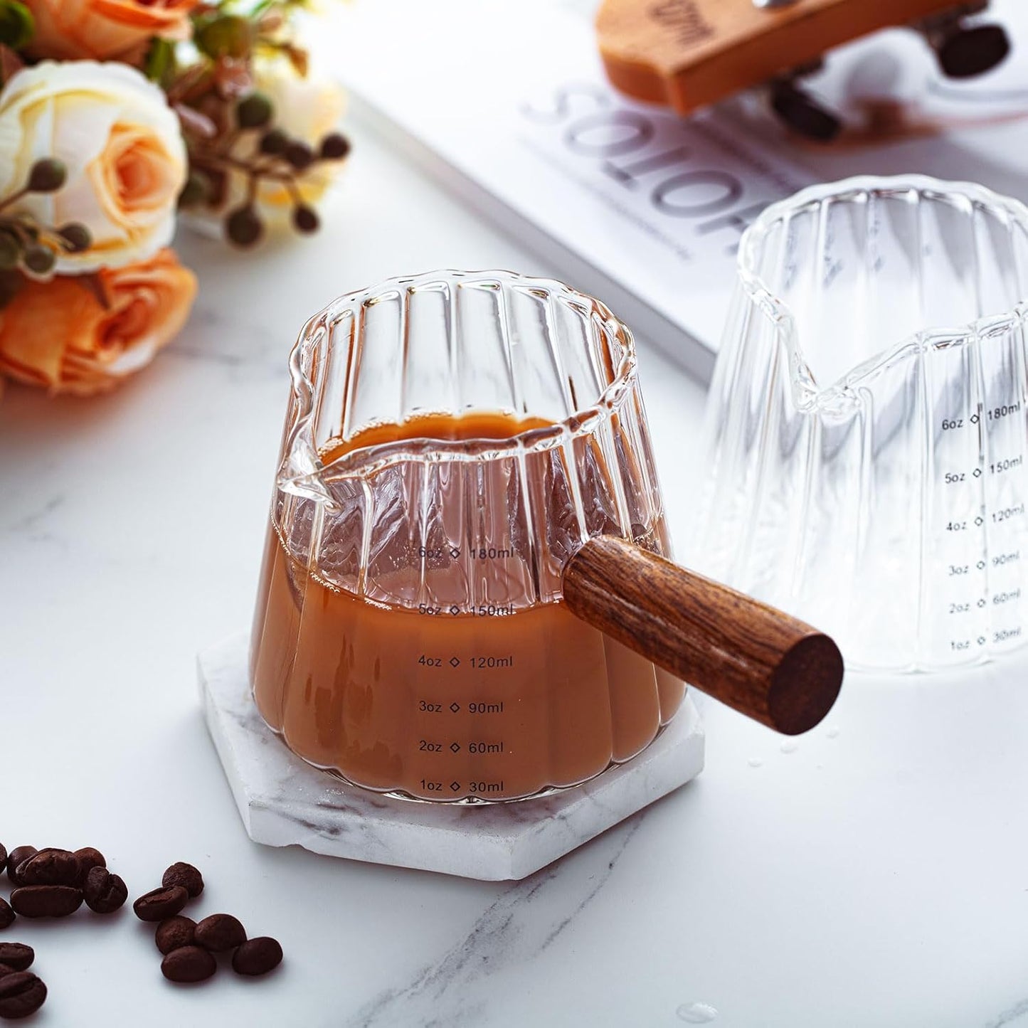 Espresso Shot Glass with Handle, 6 Oz/180 ml Espresso Cups with Single V-shaped Mouth, Measuring Cup for Milk Tea Coffee Bar Accessories(Clear,2 Pcs)