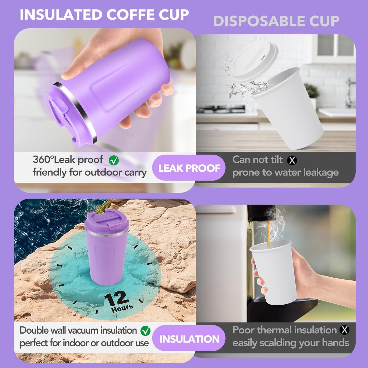 Volhoply 12 oz Double Wall Insulated Vacuum Travel Coffee Mug with Flip Lid Bulk 4 Pack,Reusable Stainless Steel Leak Proof Coffee Cups,Portable Cafe Thermal Tumbler for Hot&Cold Drinks(Purple,4 Set)