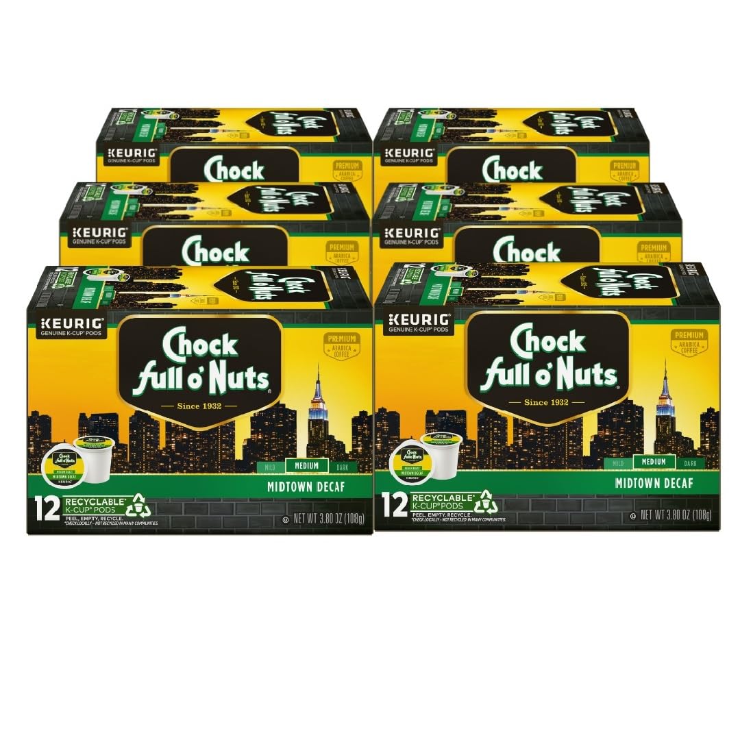 Chock full o’Nuts Midtown Decaf Keurig K-Cup Pods for Keurig Brewers – Premium Arabica, Medium Roast – Single Serve – 6 Packs of 12 K-Cup Pods
