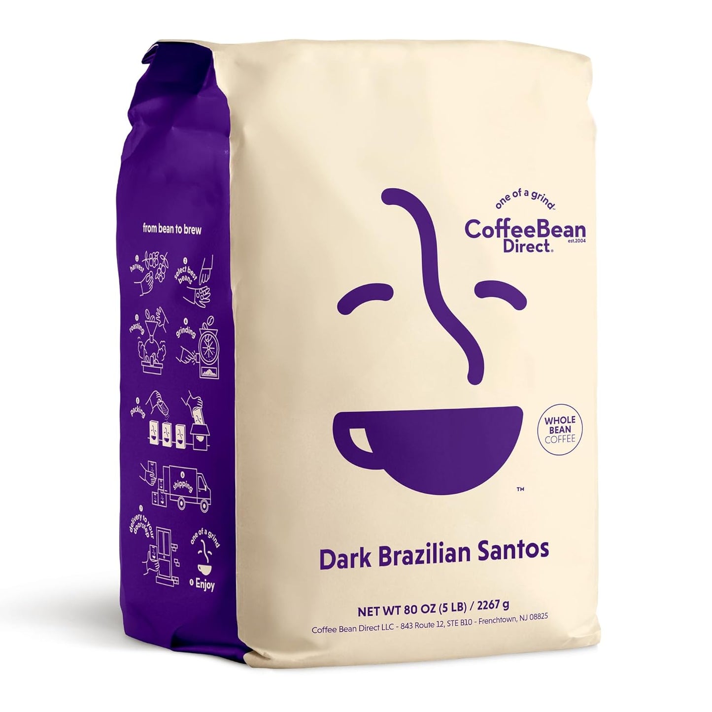 Coffee Bean Direct Dark Brazilian Santos, Whole Bean Coffee, Dark Roast, 5 Pound Bag (Pack of 1)