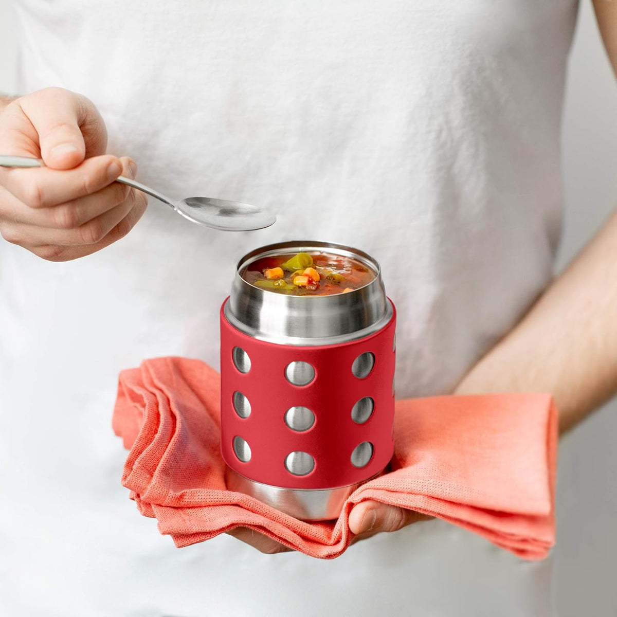 LunchBots Thermal 12 oz Triple Insulated Thermos - Hot 6 Hours or Cold 12 Hours - Leak Proof Thermos Soup Jar - All Stainless Interior - Navy Lid - Red Dots