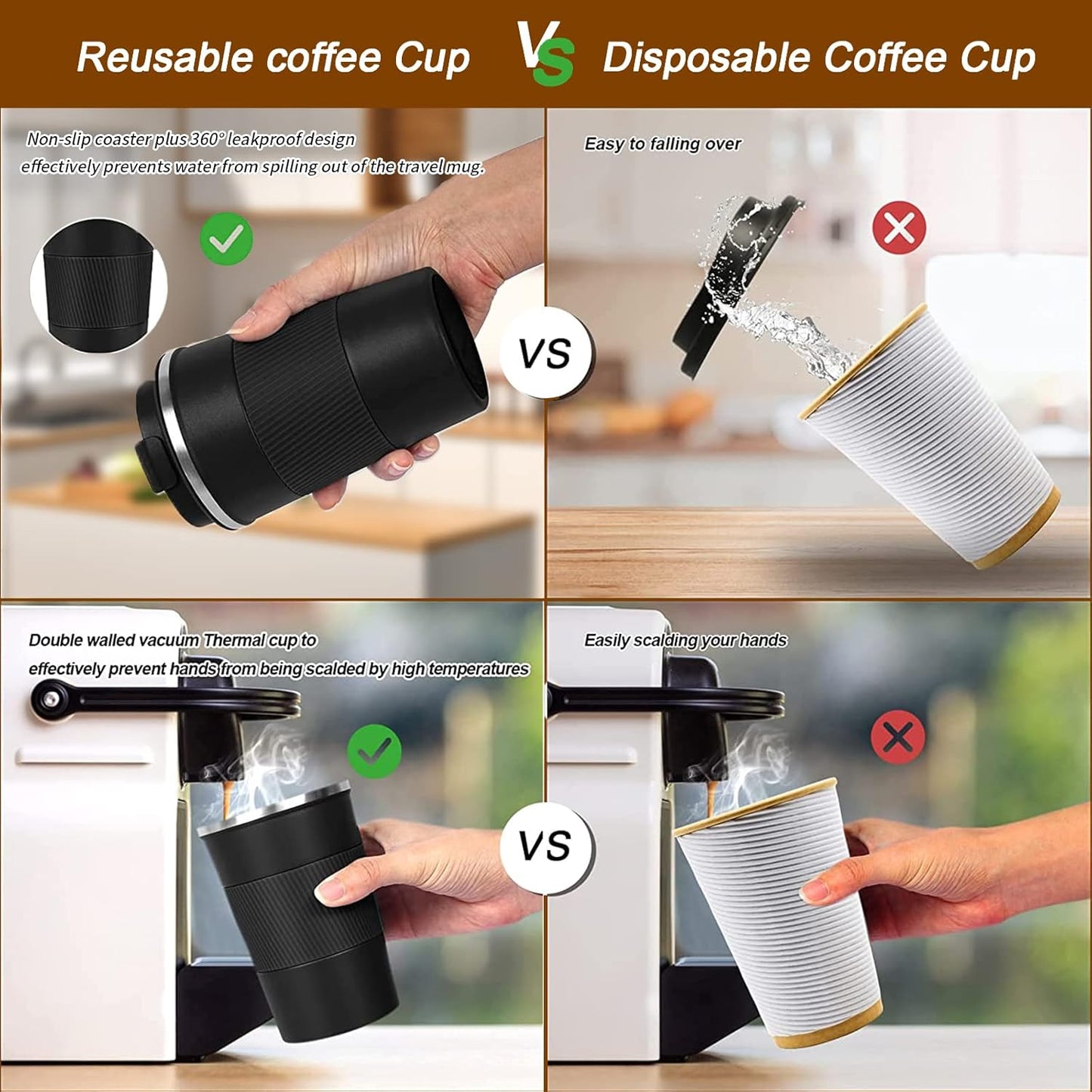 YINBAOGE Insulated Travel Coffee Mug Spill Proof Leak Proof Pobtable To Go Camping Stainless Steel Coffee Tumbler Reusable Coffee Cups with Lids Thermos for Hot and Cold Drink (Black, 17 OZ)