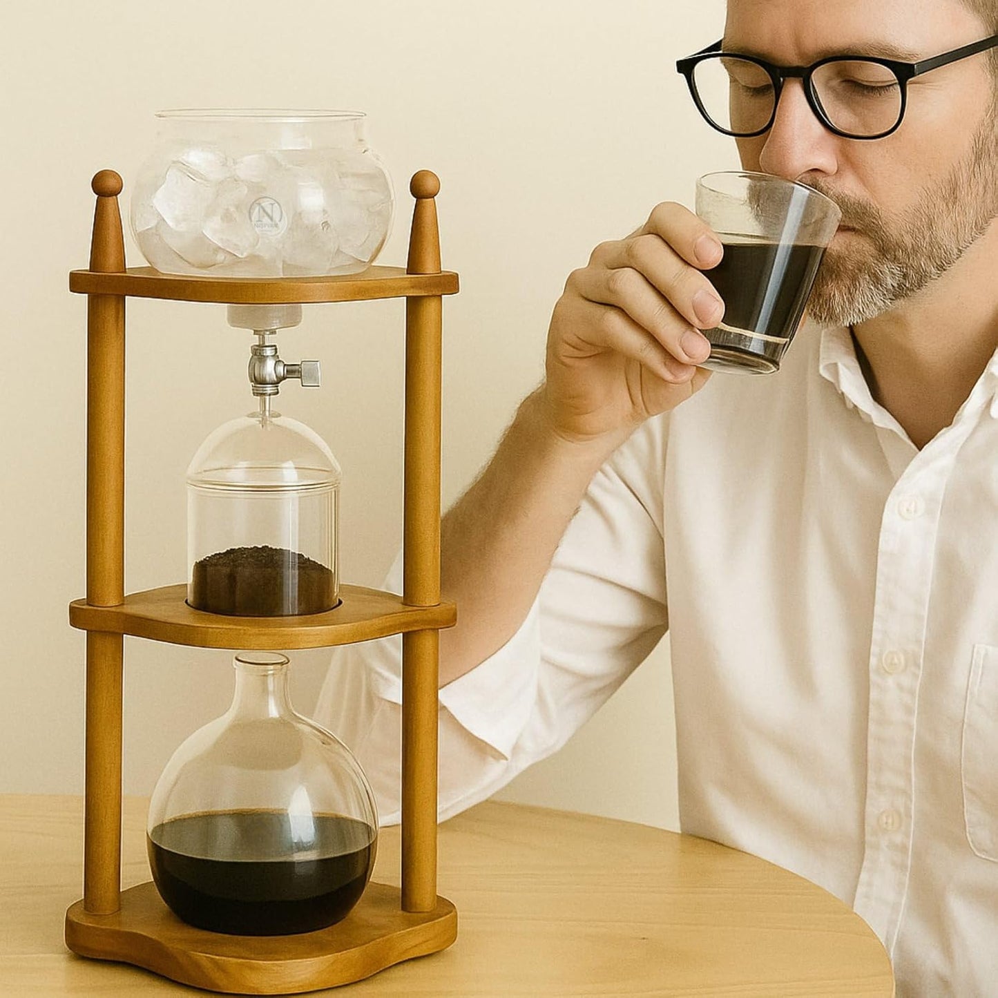 Nispira Cold Brew coffee Maker Ice Coffee Drip Machine with Advanced Slow Drip Technology Borosilicate Glass with Wood Tower, 6-8 Cup, Brown