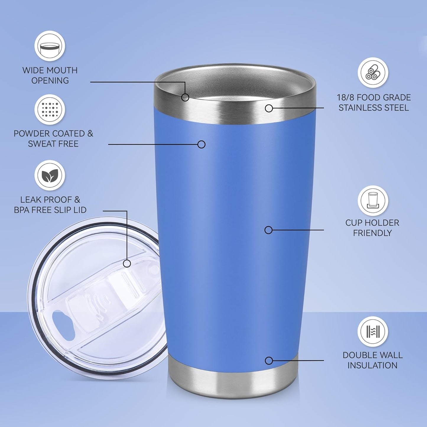 20 oz Tumbler Stainless Steel Tumblers Bulk with Lid Double Wall Insulated Coffee Tumbler Cups for Hot & Cold Drinks Powder Coated Travel Coffee Tumbler Mug Metal (Azure, 12 pack)