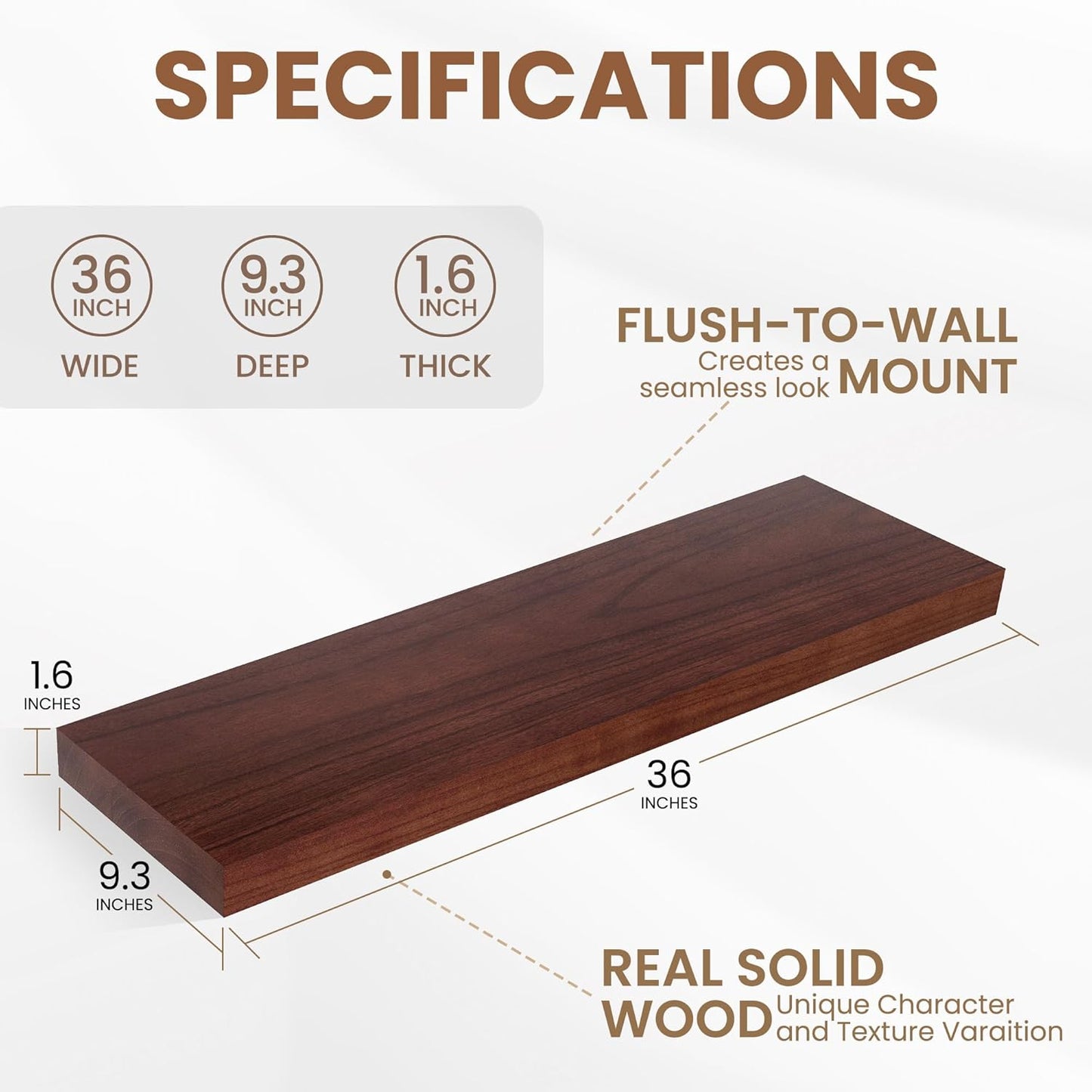 Fun Memories Deep Floating Shelves, Solid Wood Floating Shelves Wall Mounted, 9.3" Deep Floating Shelf for Living Room, Bedroom, 36 x 9 Large Wall Shelves for Books, Red Brown, Set of 2