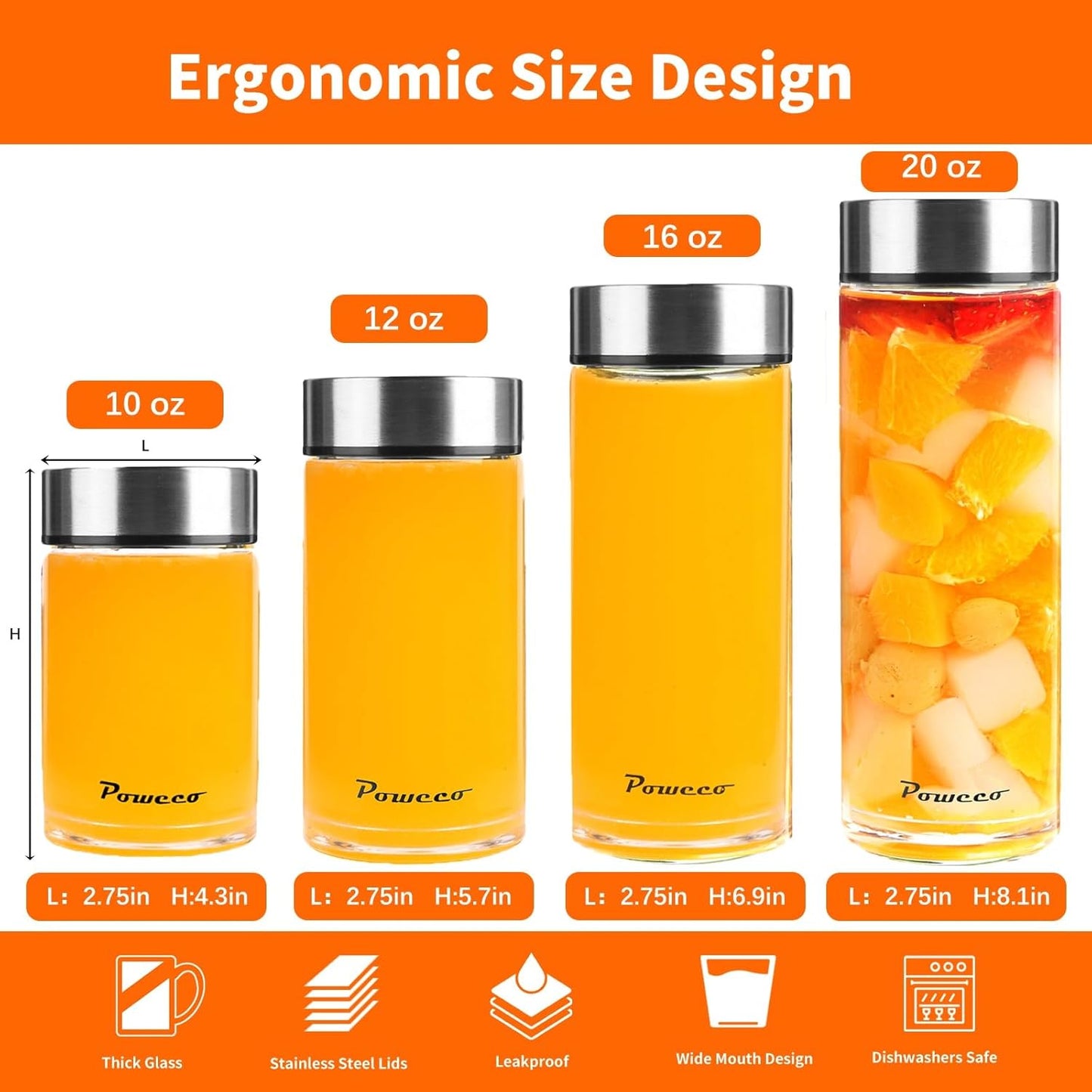 16oz Glass Juice & Water Bottles 6-Pack with Lids- Wide Mouth Reusable Borosilicate Glass- for Juicing, Smoothies, Protein Shakes, Blender & Shaker Bottle- Refillable & Dishwasher Safe(16 oz/500ml)
