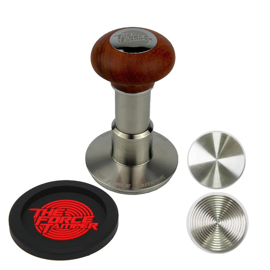 The Force Tamper Automatic Impact Adjustable Constant Pressure and Autoleveling Coffee Tamper Reddish Brown Jellyfish Wooden Handle Set Pro (Extend Set, 53.50mm)