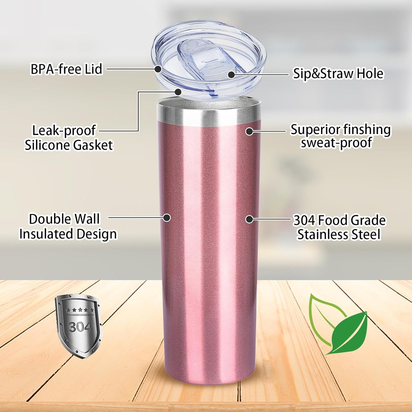 20 oz Skinny Tumblers with Lid and Straw,Stainless Steel Vacuum Insulated Tumbler Cup Double Wall Travel Coffee Mug, Thermal Water Tumbler for Hot and Cold Drinks(Rose Gold,8)