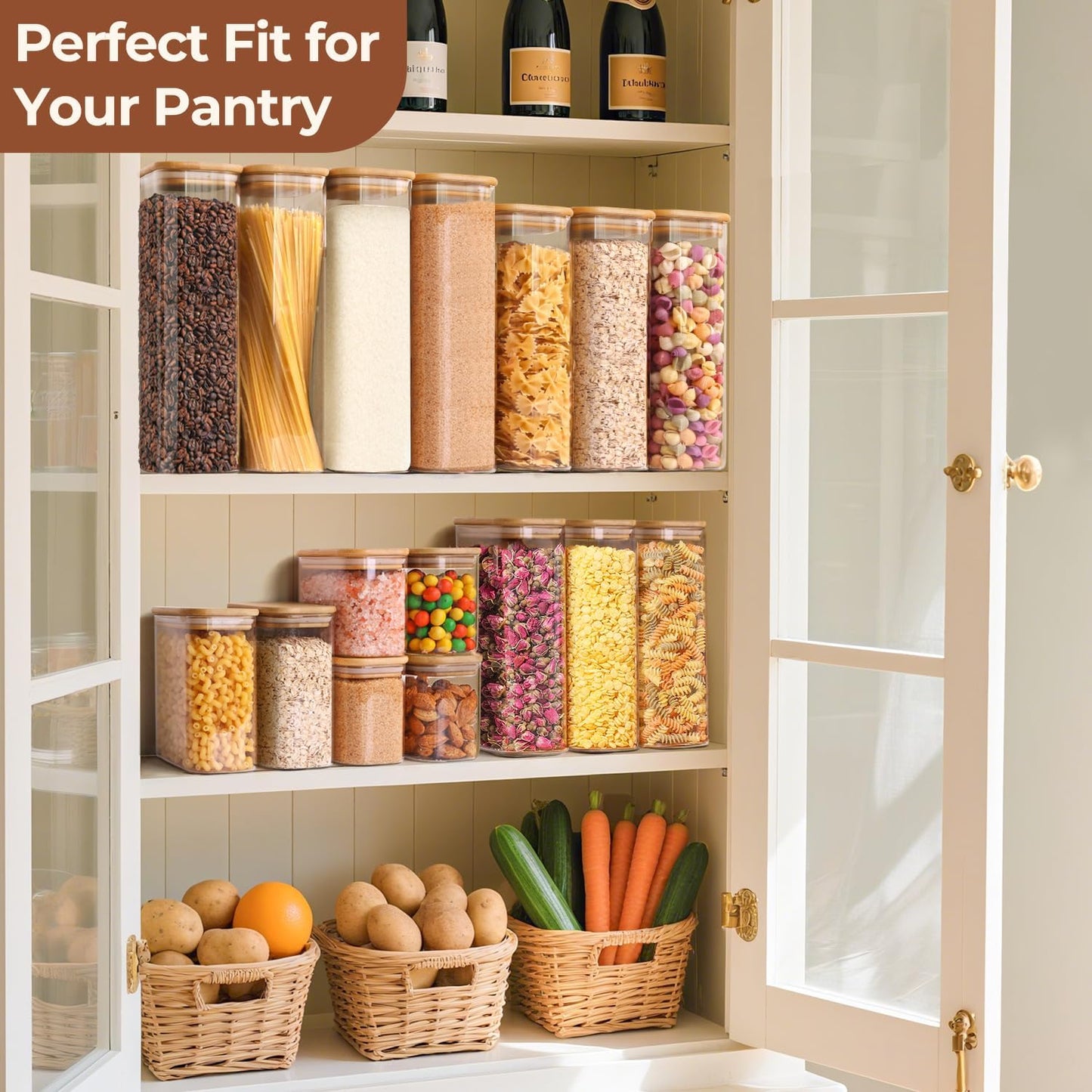 ComSaf 0.7 Qt Rectangle Glass Storage Containers with Lids, Glass Jars with Bamboo Lids, Clear Food Jar, Sugar Coffee Containers, Small Pantry Storage Container for Tea Candy Nuts Spices Oat