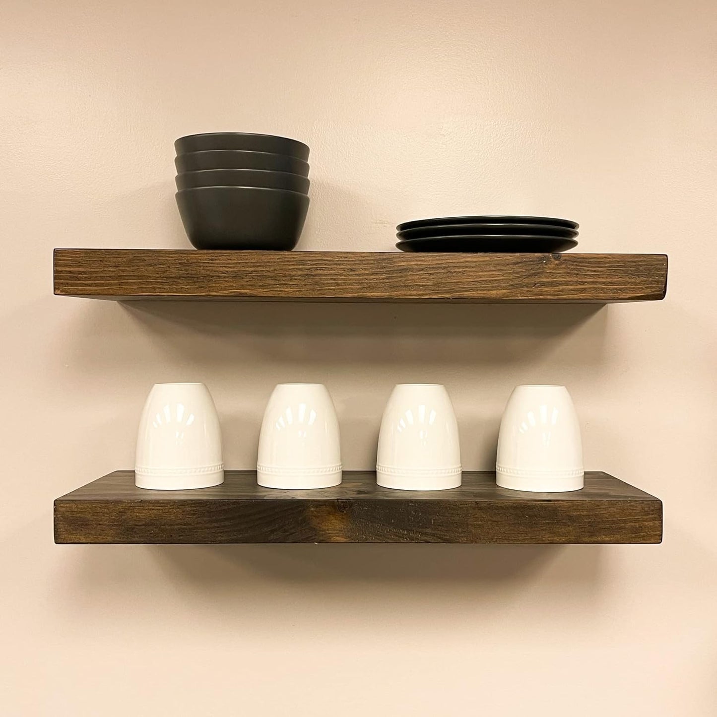 URBANDI, Rustic Floating Shelves, Set of 2, Hidden Bracket, Solid Wood, Heavy Duty, Wall Mounted Shelves, (Dark Brown, 24Wx10D)