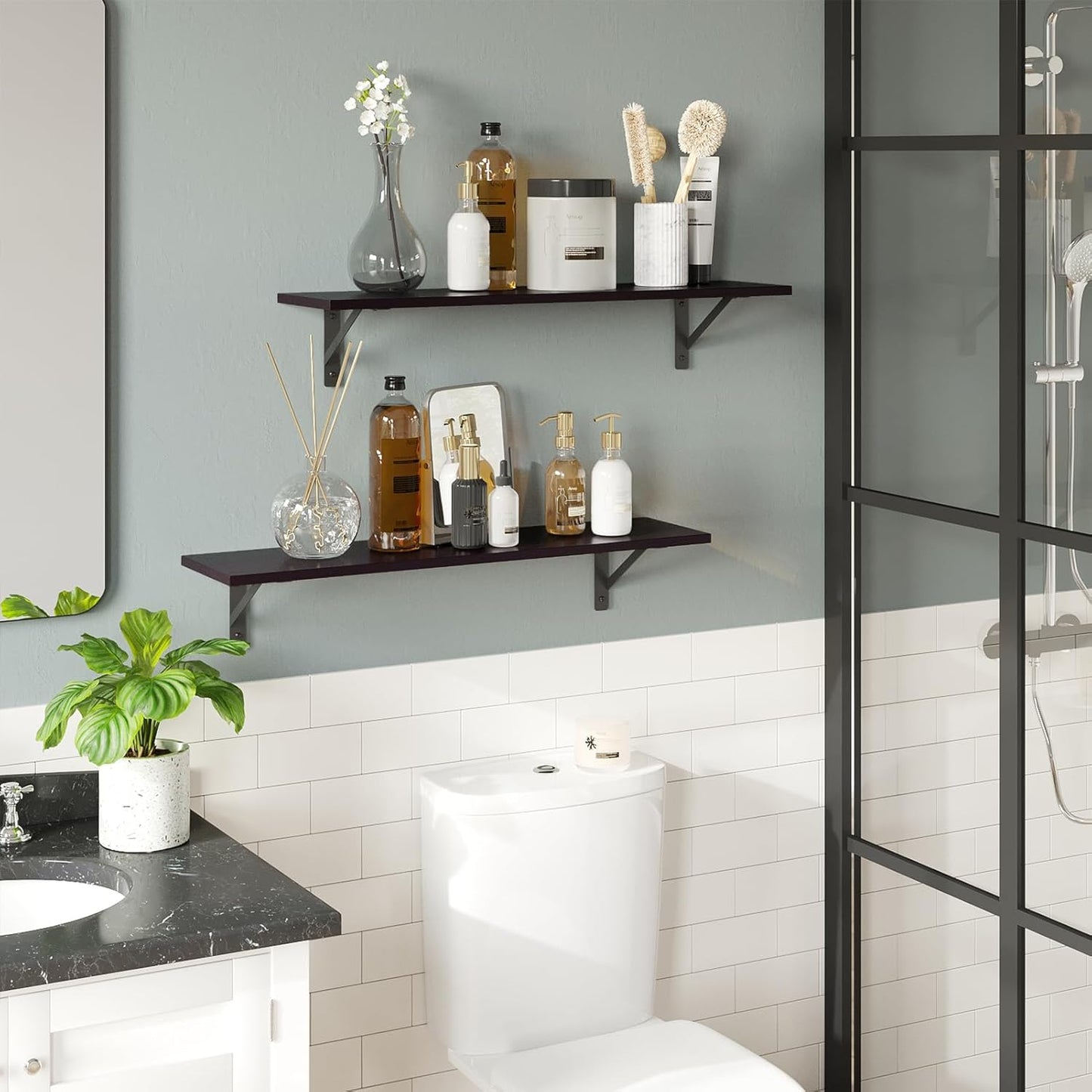 DINZI LVJ Long Wall Shelves, 23.6 Inch Wall Mounted Shelves Set of 2, Easy-to-Install, Storage Ledges with Sturdy Metal Brackets for Living Room, Bathroom, Bedroom, Kitchen, Espresso