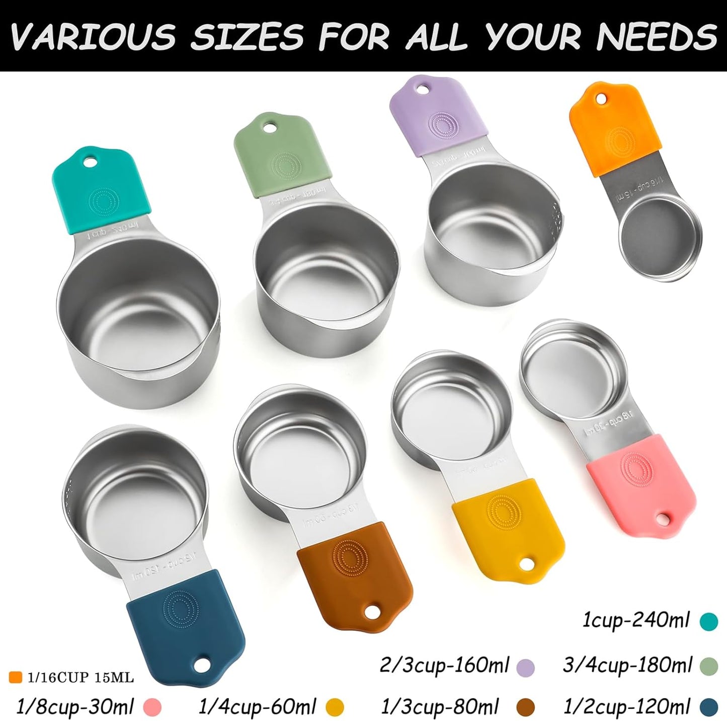 Magnetic Measuring Cups and Spoons Set Including 8 Stainless Steel Stackable Magnetic Measuring Cup 8 Magnetic Measuring Spoon with Leveler for Dry Liquid Ingredient