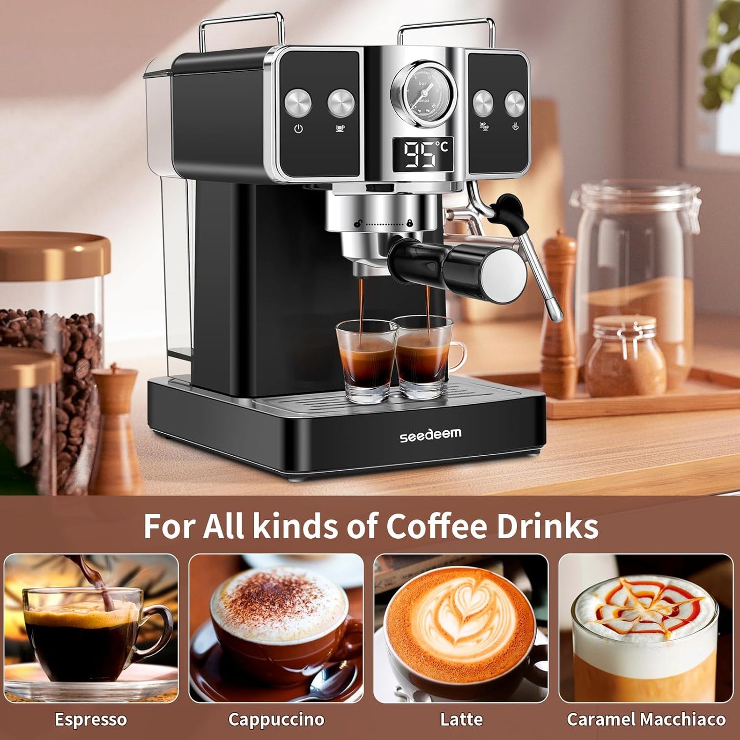 SEEDEEM Espresso Machine,20 Bar Espresso Maker with Milk Frother,Stainless Steel Latte and Cappuccino Machine with 1.8L(60 Fl Oz) Removable Water Tank