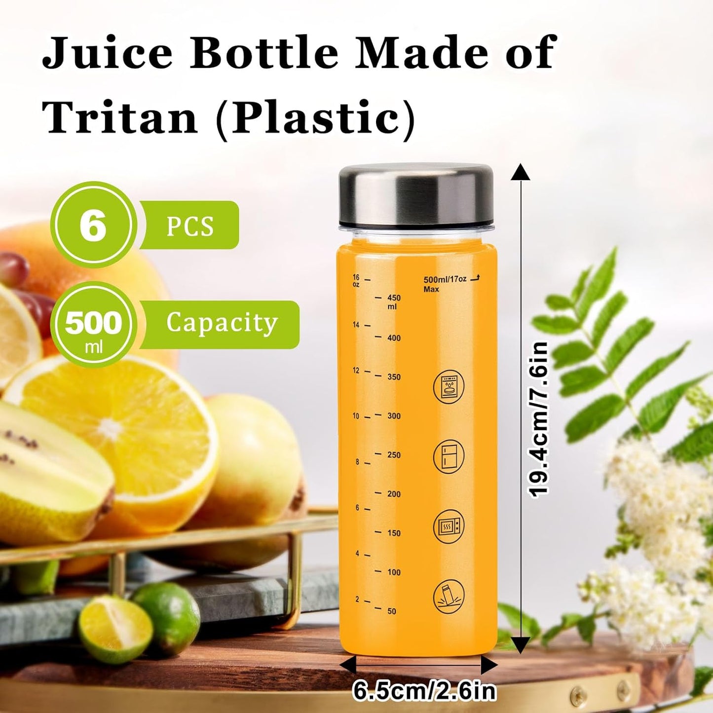 6 Pack Juice Bottles with Caps - Wide Mouth Resuable Clear Plastic Water Bottles for Juicing,Smoothie,Protein, Beverage,Storage Containers,BPA Free,Leakproof Stainless Steel Lid(16 Ounces)