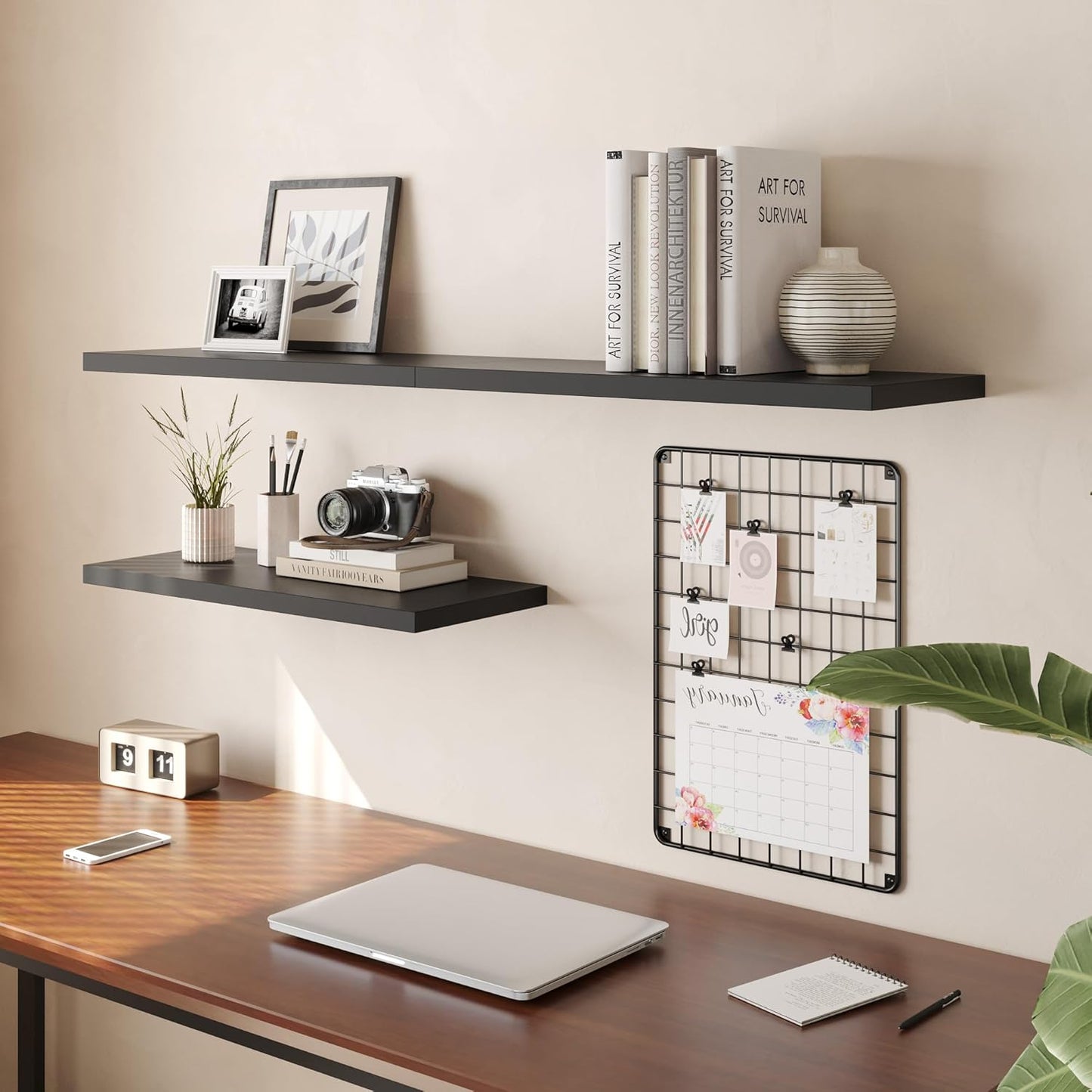 Wall Shelf Set of 3, Black Floating Shelves 24 in W x 10 in D x 1 in H, Wooden Floating Wall Shelf with Invisible Brackets for Living Room/Bedroom/Bathroom/Kitchen Storage and Decor