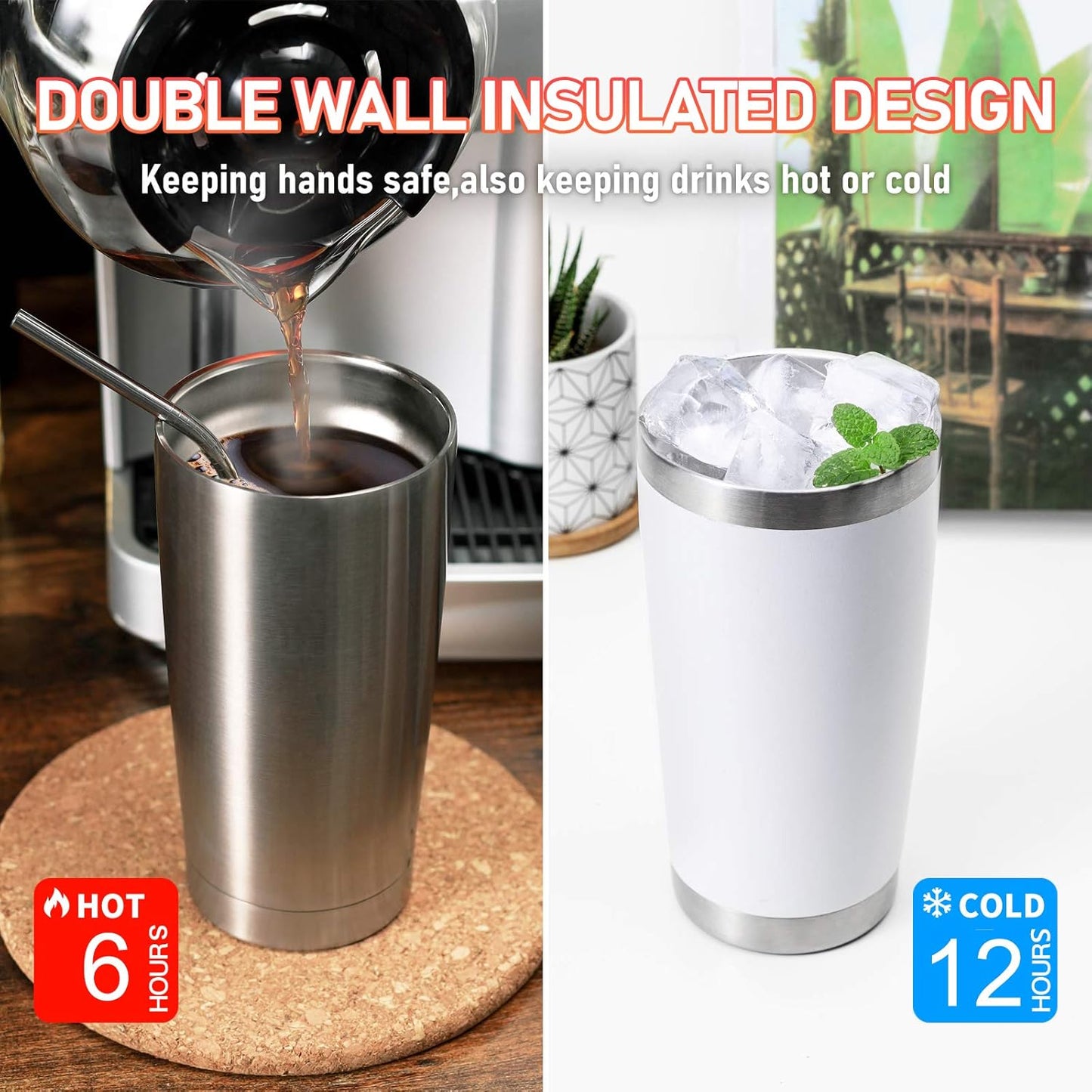 COMOOO 20oz Stainless Steel Tumbler Double Wall Vacuum Coffee Cup Insulated Travel Mug with Lid and Straw Durable Powder Coated Insulated Coffee Cup for Cold & Hot Drinks (Silver, 12 pack