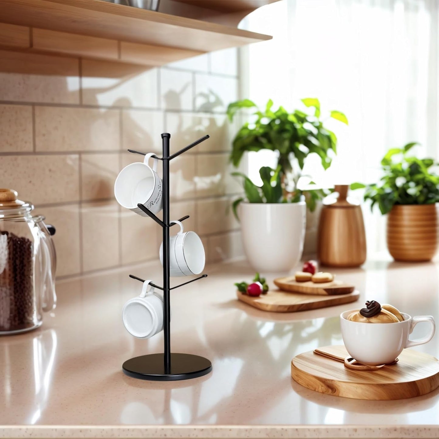 Premium Mug Tree, 6 Hooks Upgraded Stable Metal Mug Holder, Bamboo Base Coffee Mug Cup Rack for Counter Top, Mug Display, Home Storage and Cup Organizer, Black