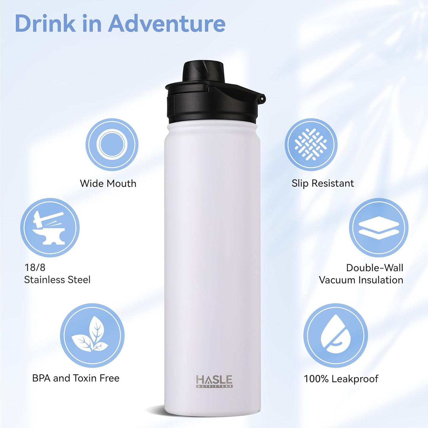 HASLE OUTFITTERS Insulated Water Bottle 22 oz Double Wall Stainless Steel Water Bottle Wide Mouth with Straw Lid & Spout Lid Keeps Cold or Hot(White,8)