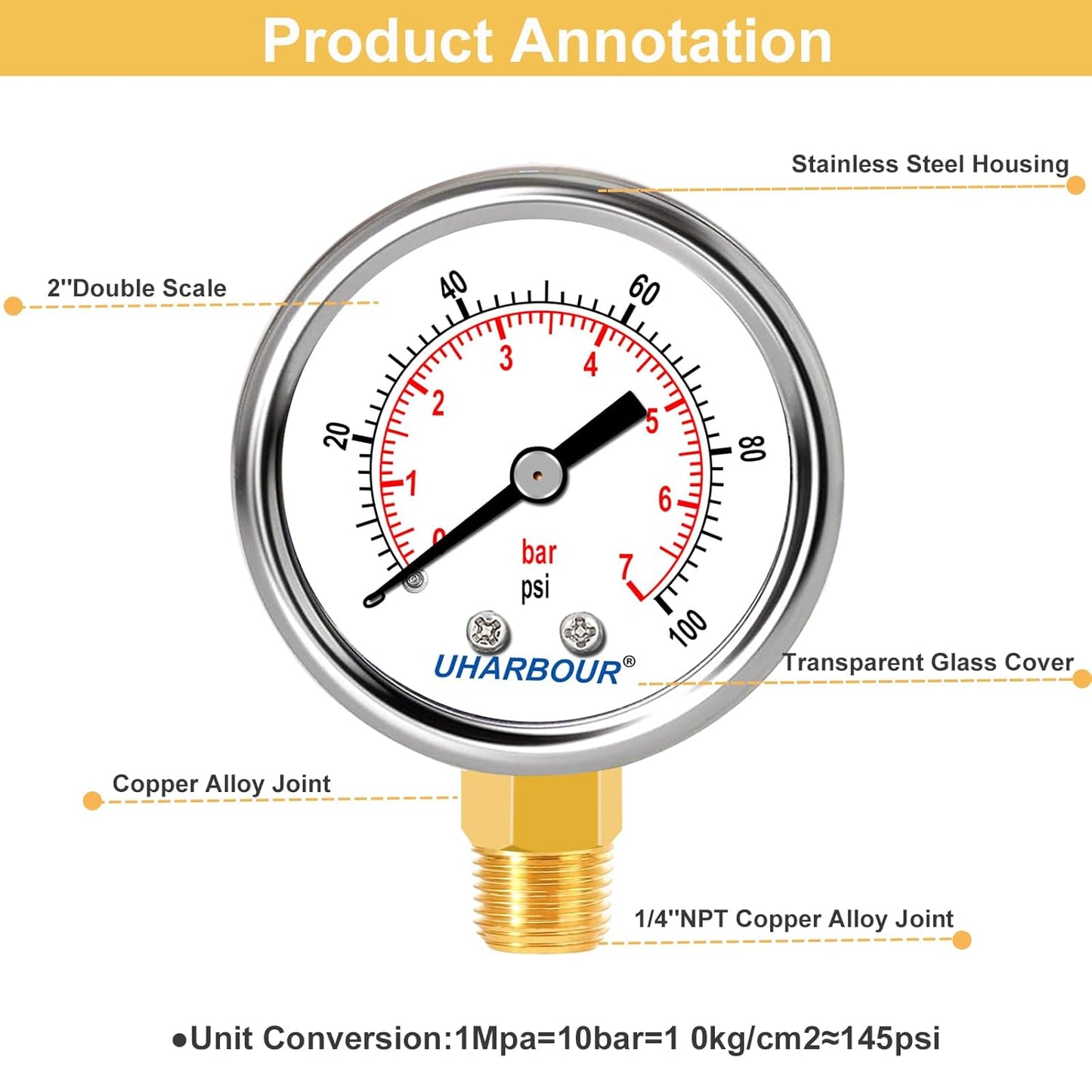 Lead-Free Pressure Gauge 1/4 NPT 0-100 Psi 2" Dial Stainless Steel Case, 1/4 NPT Lower Mount Pressure Gauge