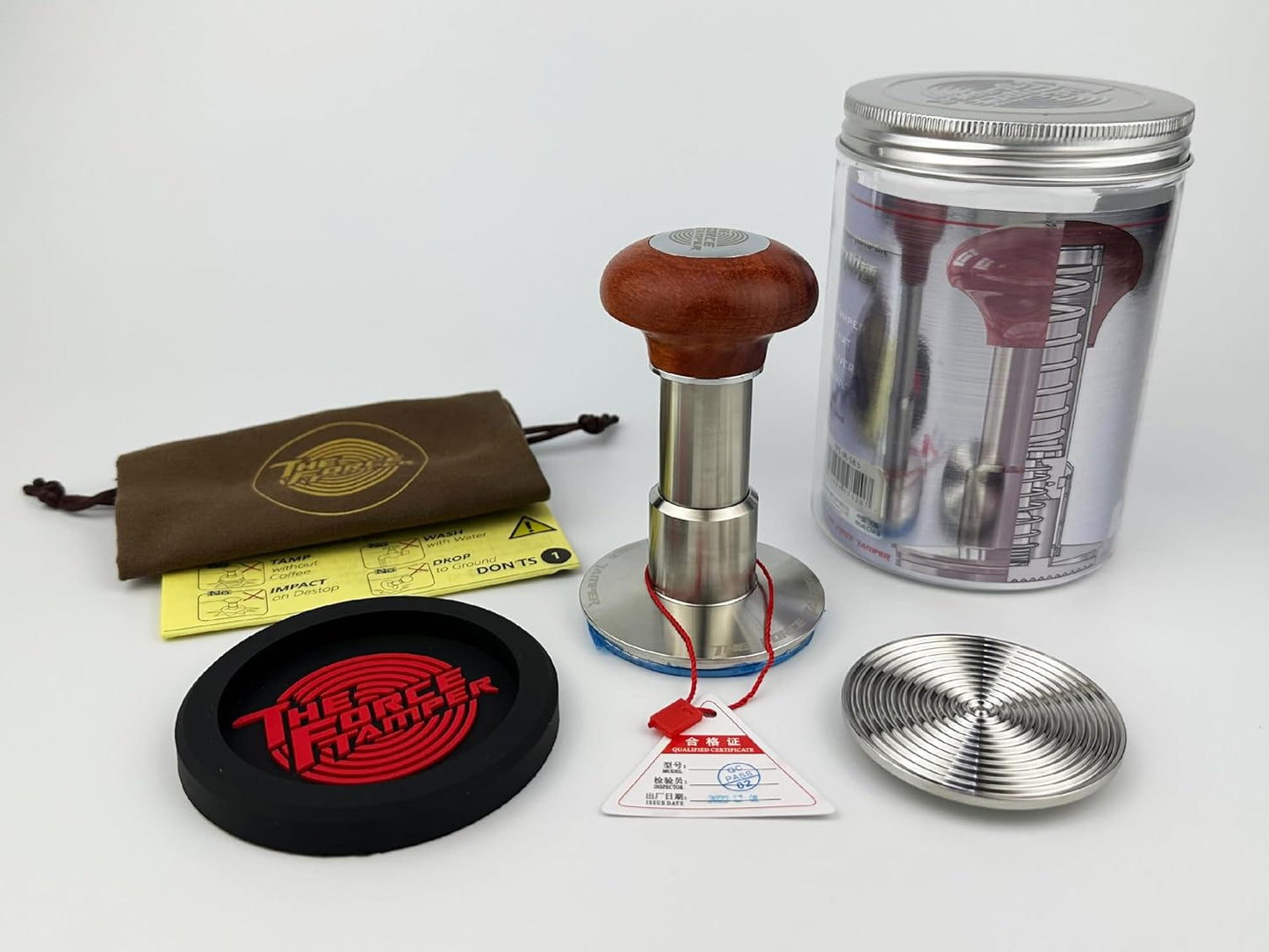 The Force Tamper Automatic Impact Adjustable Constant Pressure and Autoleveling Coffee Tamper Reddish Brown Jellyfish Wooden Handle Set Pro (Extend Set, 54.00mm)