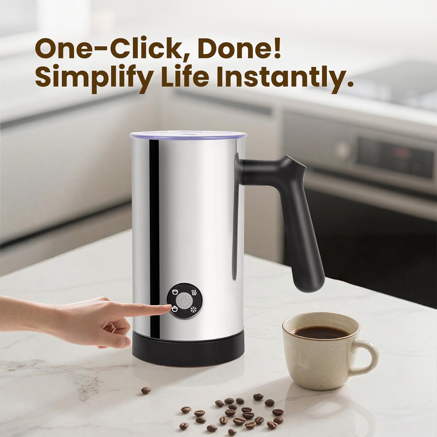 Milk Frother, 4-in-1 Milk Frother and Steamer, 10.6oz Electric Milk Steamer, Automatic Cold and Hot Foam maker for Lattes, Cappuccinos, Non-stick Coating Interior (Polished)