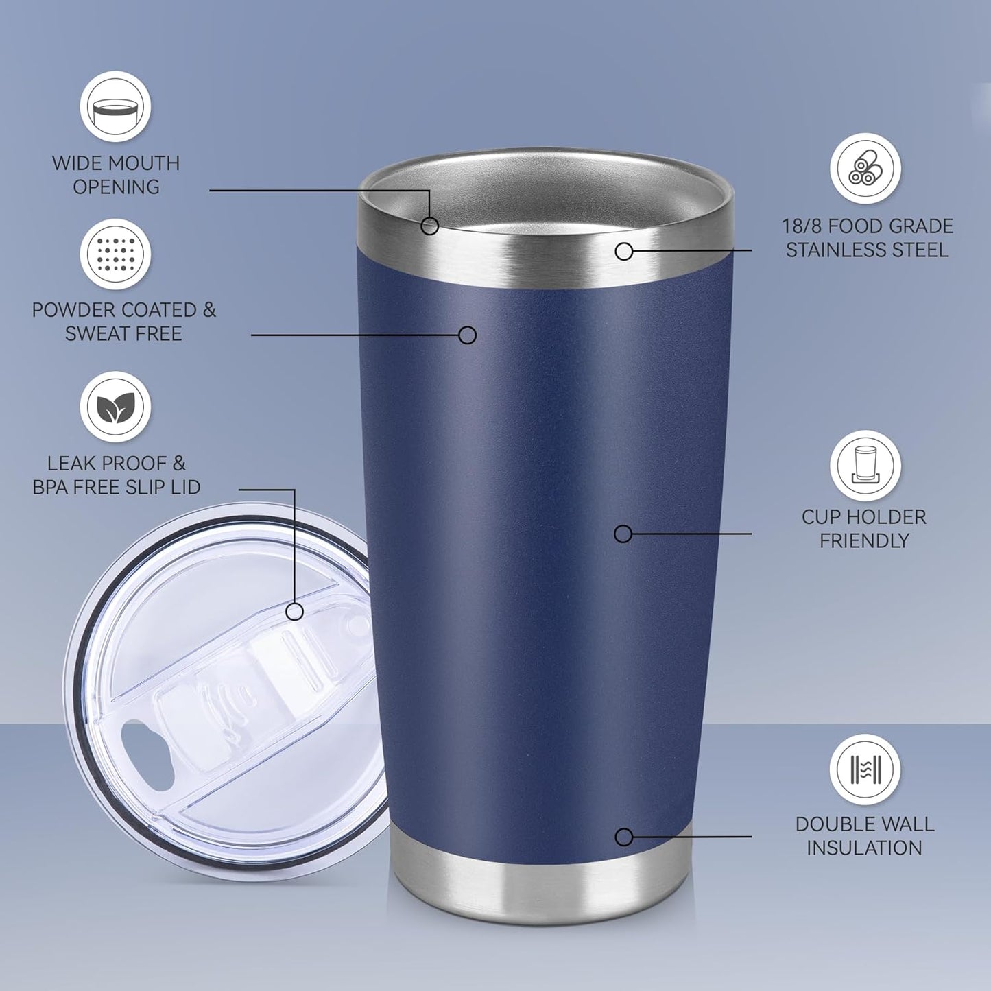 20 oz Tumbler Stainless Steel Tumblers Bulk with Lid Double Wall Insulated Coffee Tumbler Cups for Hot & Cold Drinks Powder Coated Travel Coffee Tumbler Mug Metal (Navy Blue, 1 pack)