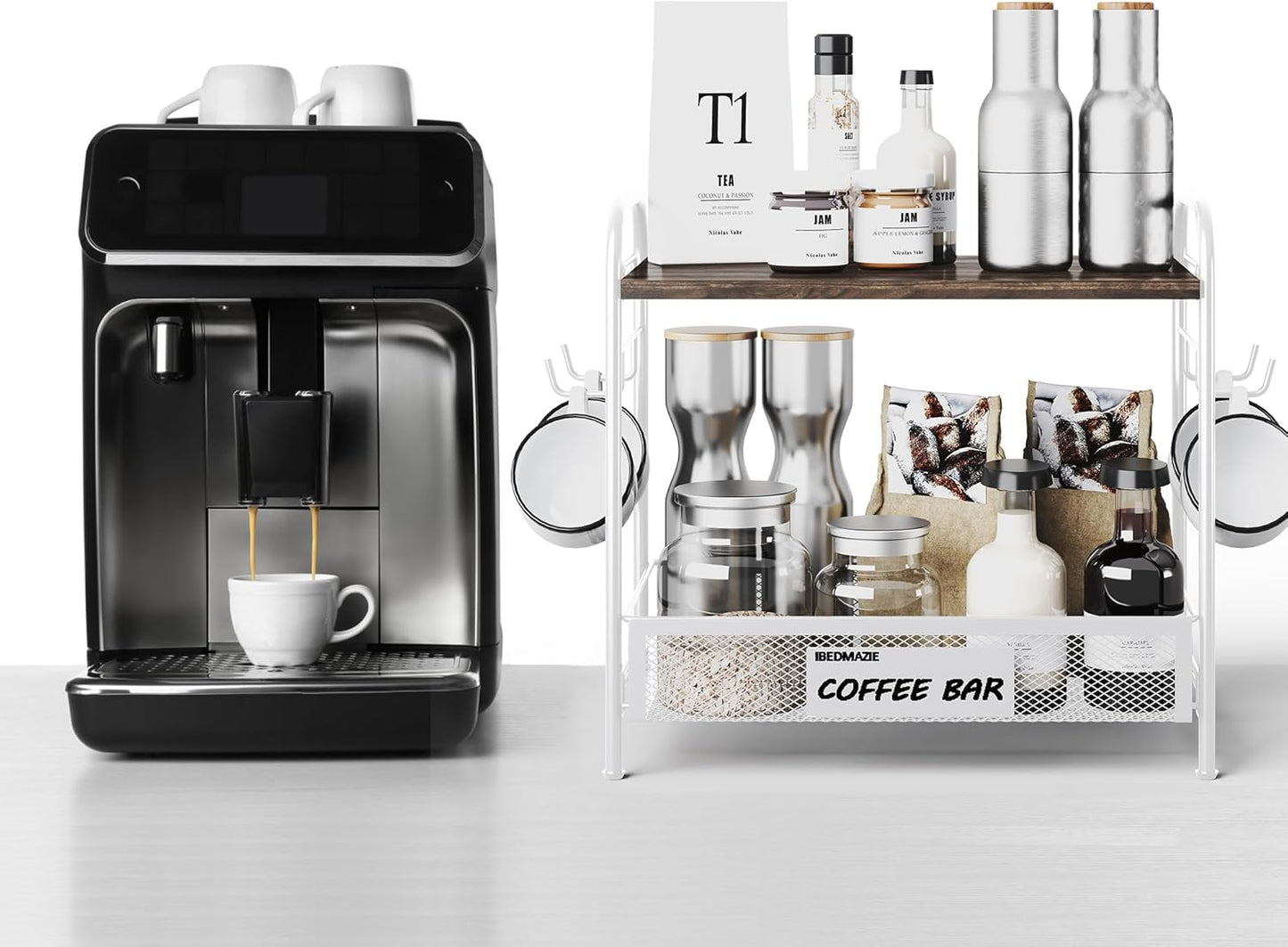 Coffee Bar Organizer for Countertop Station, Simple Assembly 2 Tier Shelf for Home,Office, Coffee Cup Holder Storage Organization for Counter Accessory Storage Rack with 4 Hooks Space-Saving