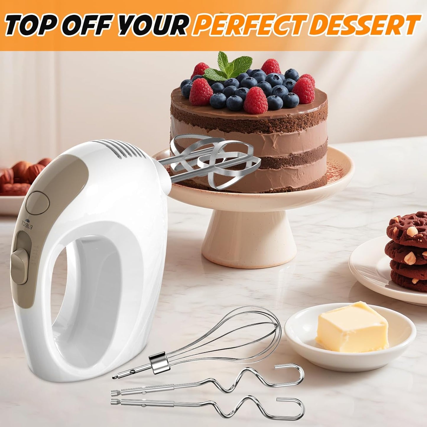 5-Speed Electric Hand Mixer with Whisk, Traditional Beaters, 120 Watts,Portable & Lightweight, Blending or Cooking, Brown