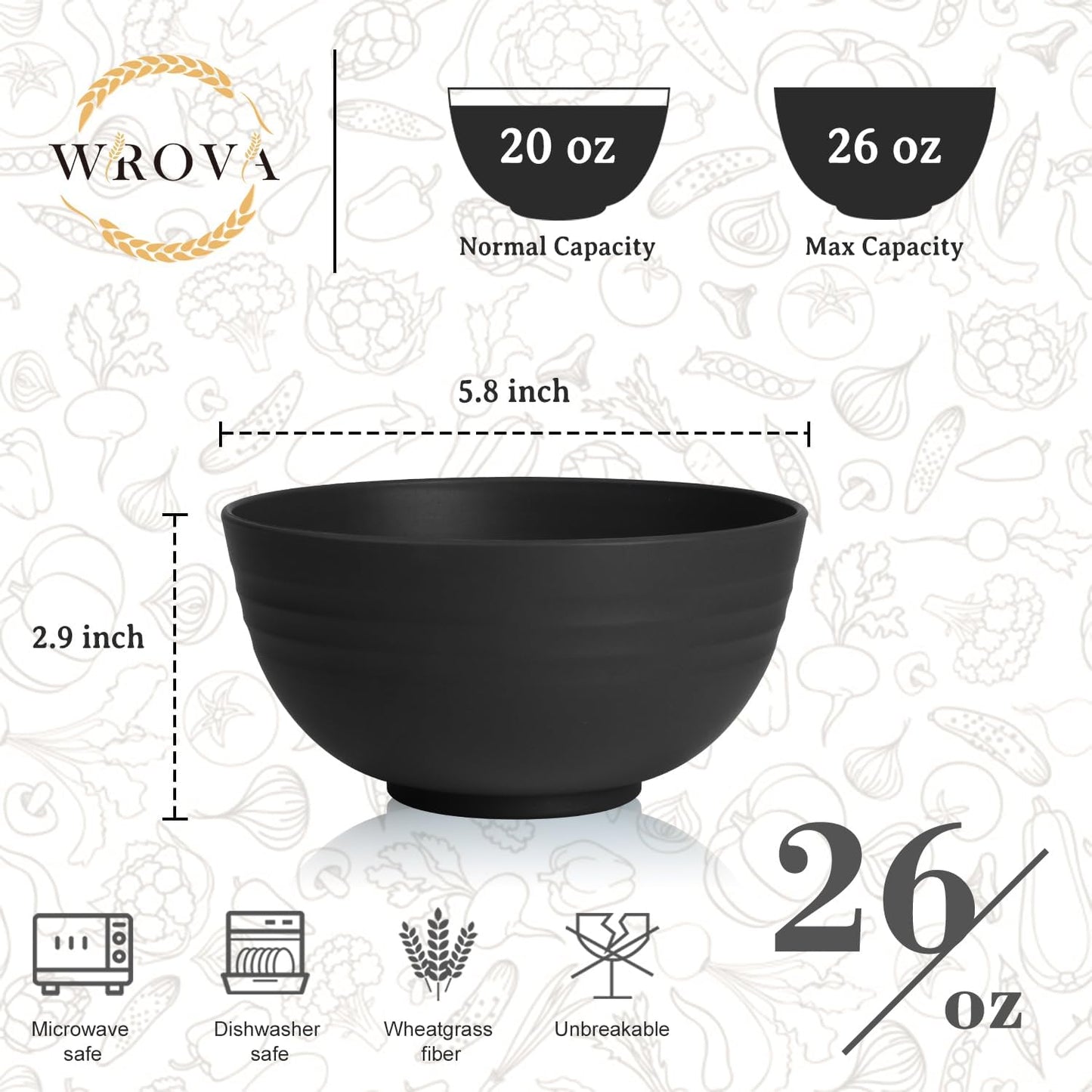 Wheat Straw Camping Bowls Sets of 6,Unbreakable 26oz Lightweight Bowls Sets for Outdoors Activity,Breakfast Bowls for Cereal and Salad.Black Series