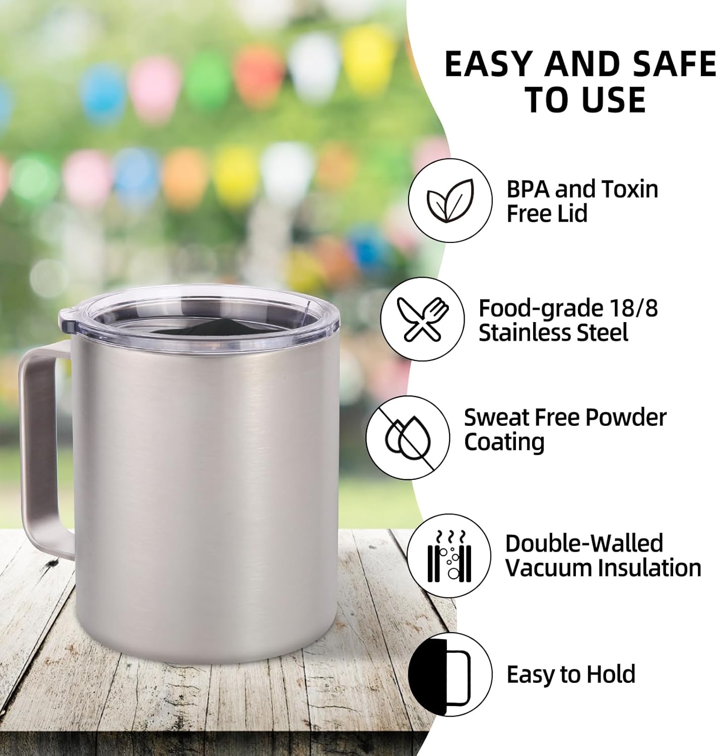 Volhoply 14oz Insulated Stainless Steel Coffee Mug with Lid Bulk 8 Pack,Double Wall Vacuum Travel Coffee Cup with Handle,Reusable Metal Cups Tumbler,Camping Mugs Keep Hot,Ideal Gifts(Silver,8)