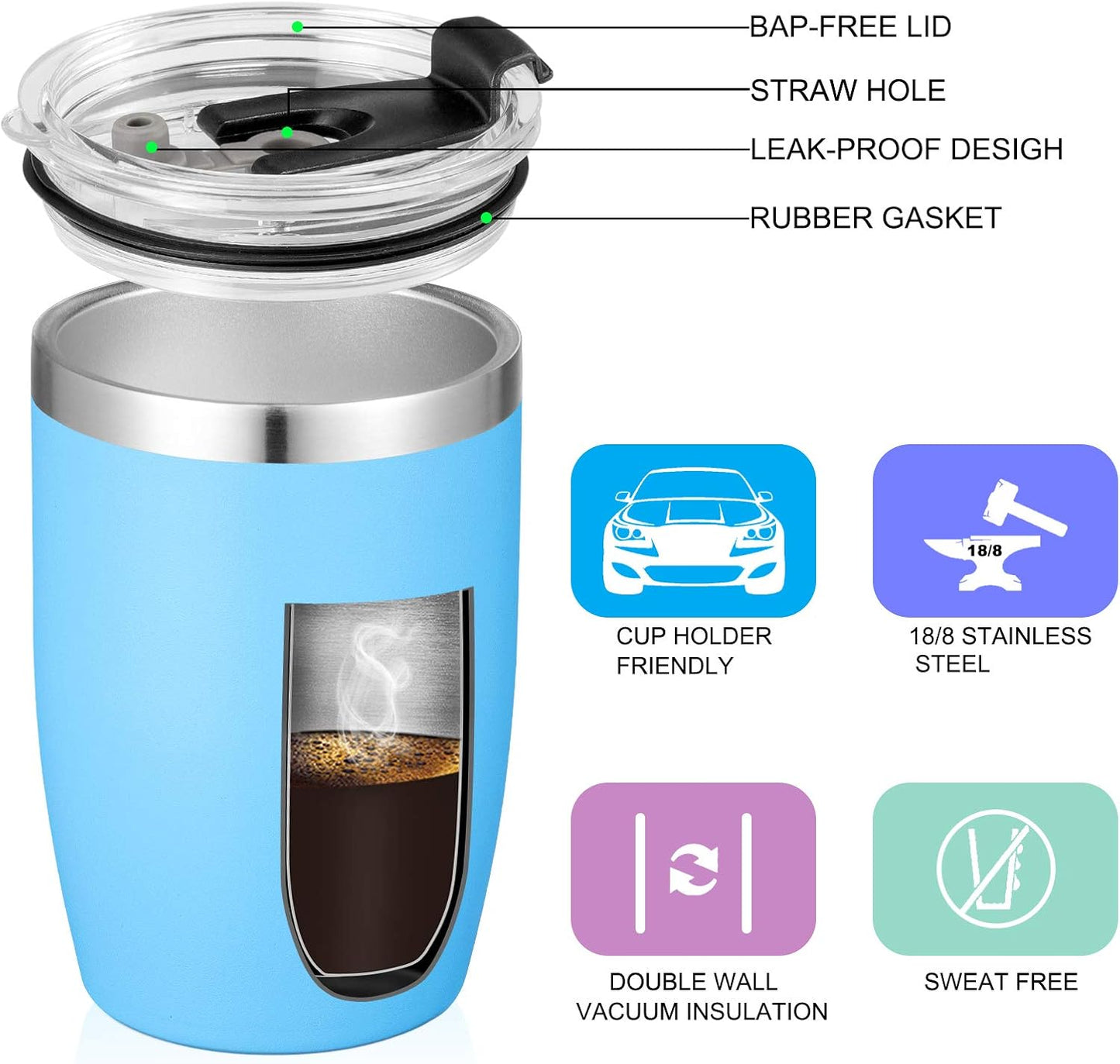 VEGOND Stainless Steel 12 oz Tumblers bulk Vacuum Insulated Double Wall Travel Tumbler with Lid and Straw Reusable Tumbler, Sky Blue 1 Pack