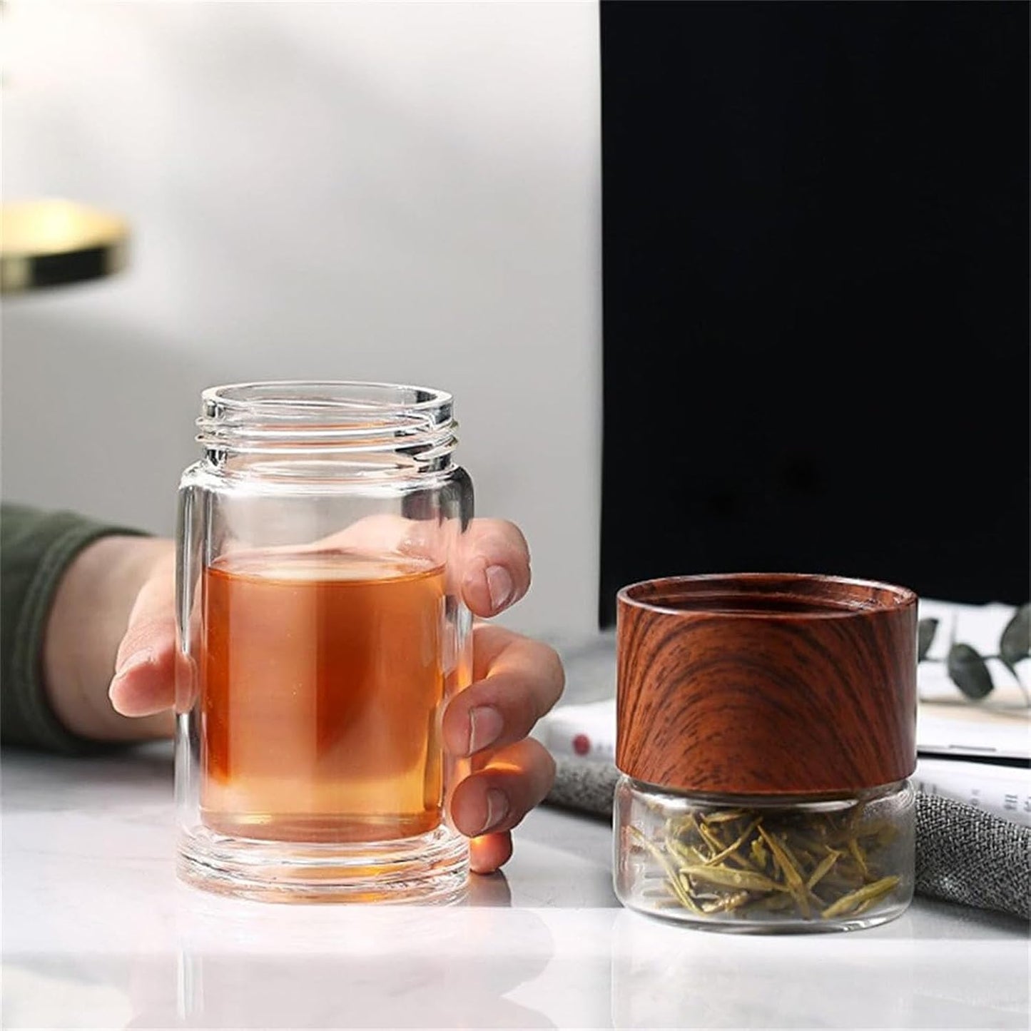 2025 New Tryteava Glass Infuser, Teava 3-In-1 Smart Tea Infuser with Cup Brush, Double-Layer Borosilicate Glass Tryteava Tea infusers Separation Cup (Black, 280ml (9.5oz))